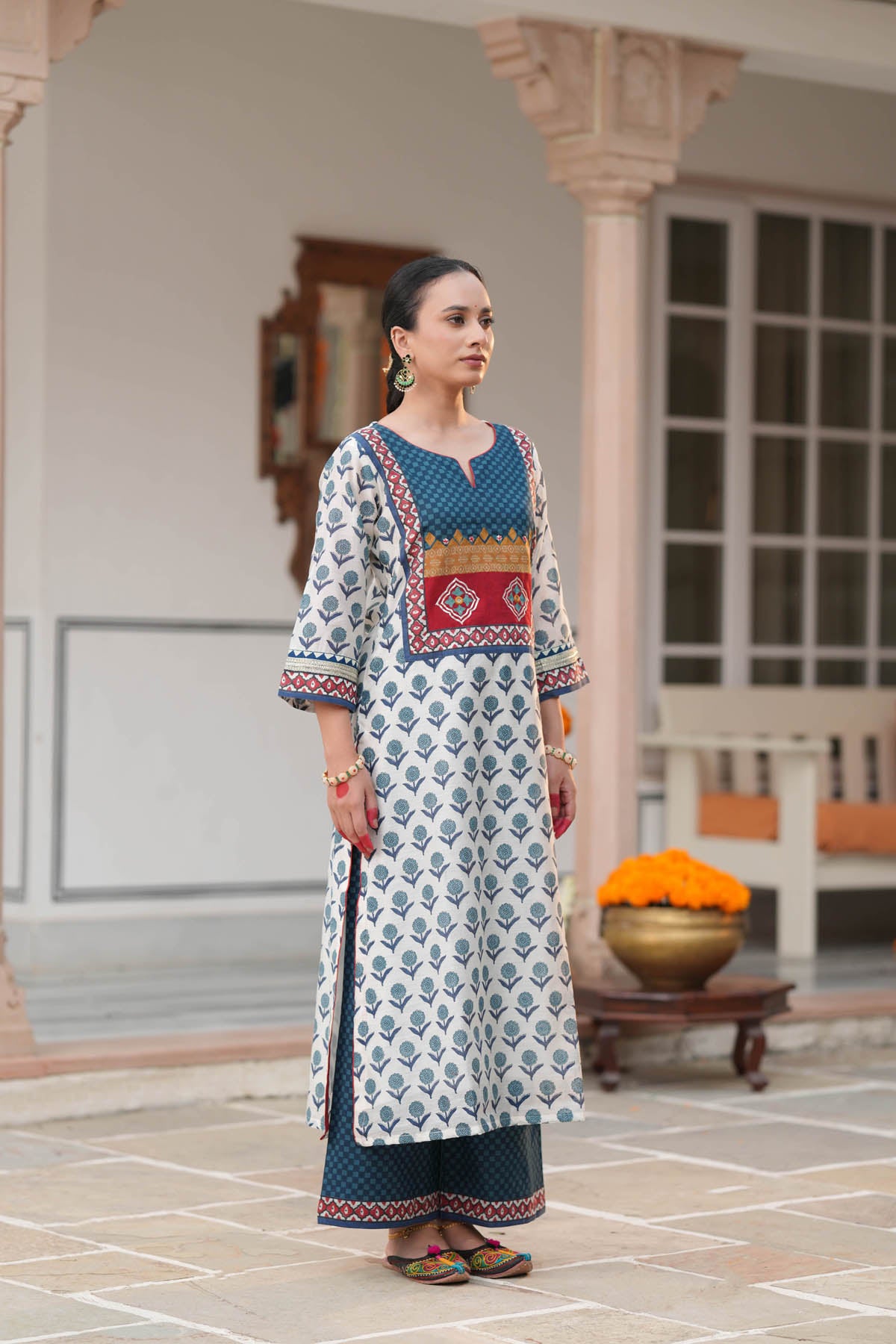 Ivory Printed Chanderi Straight Fit Kurta