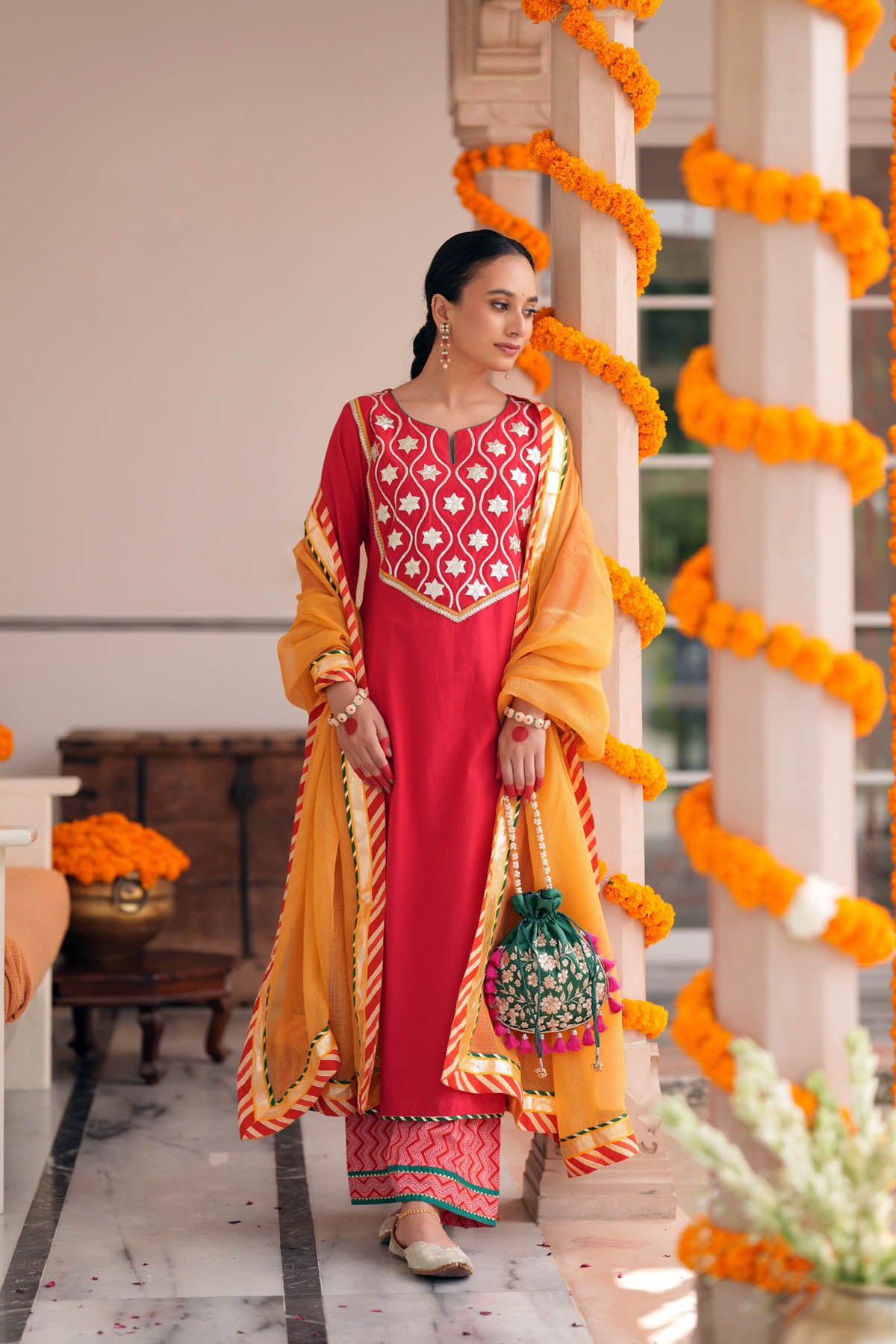Red Handloom Cotton Straight Kurta