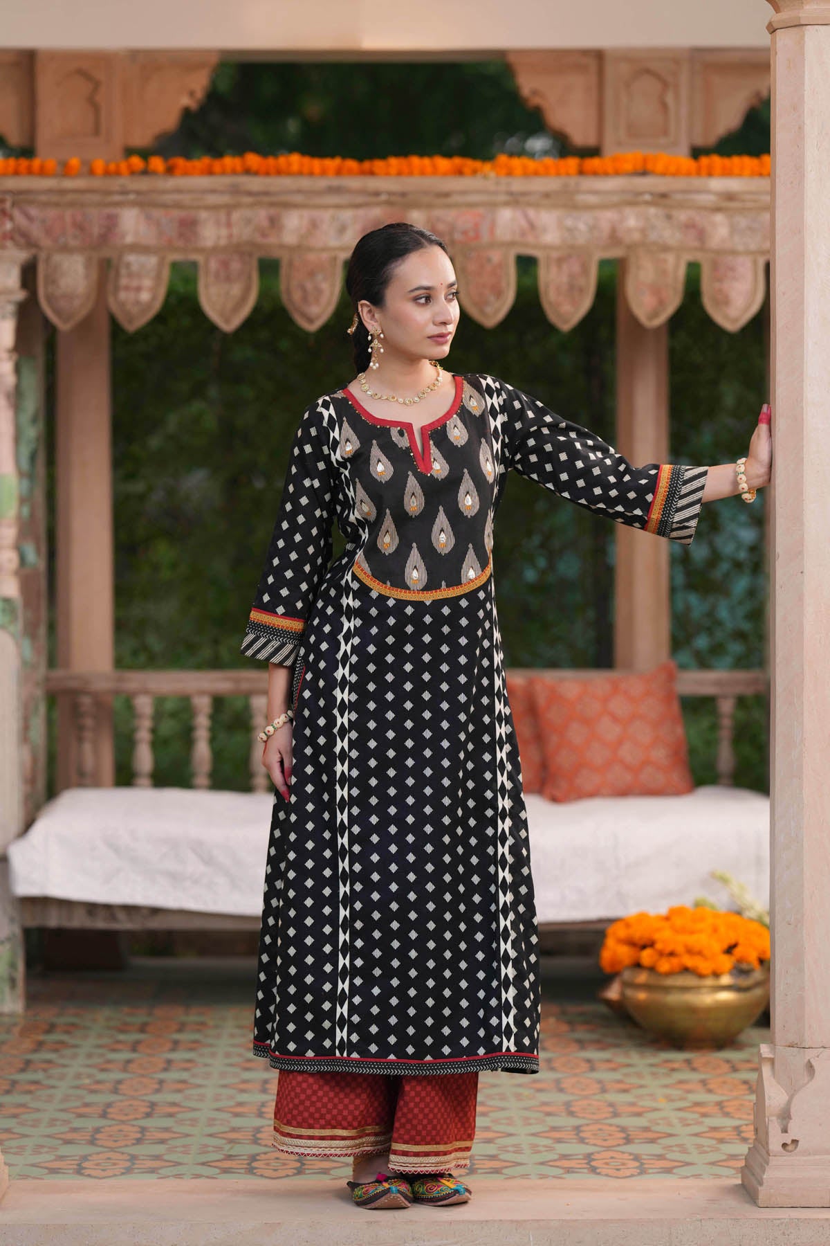 Black Printed Cotton A-Line Kurta