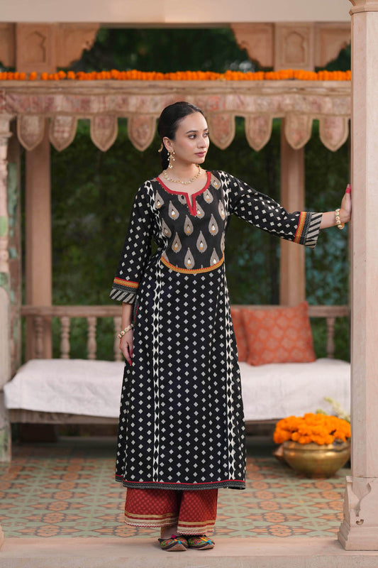 Black Printed Cotton A-Line Kurta