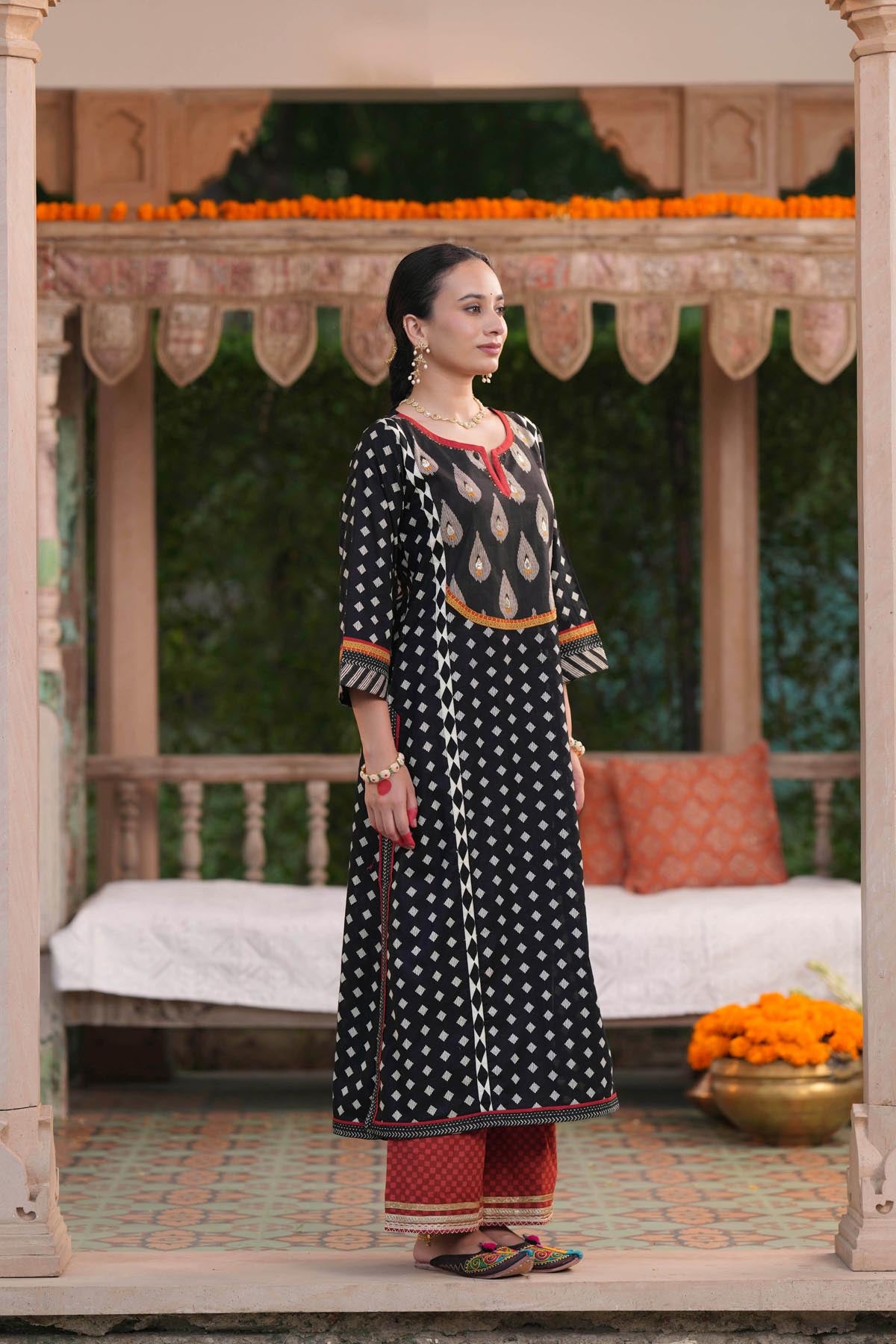 Black Printed Cotton A-Line Kurta