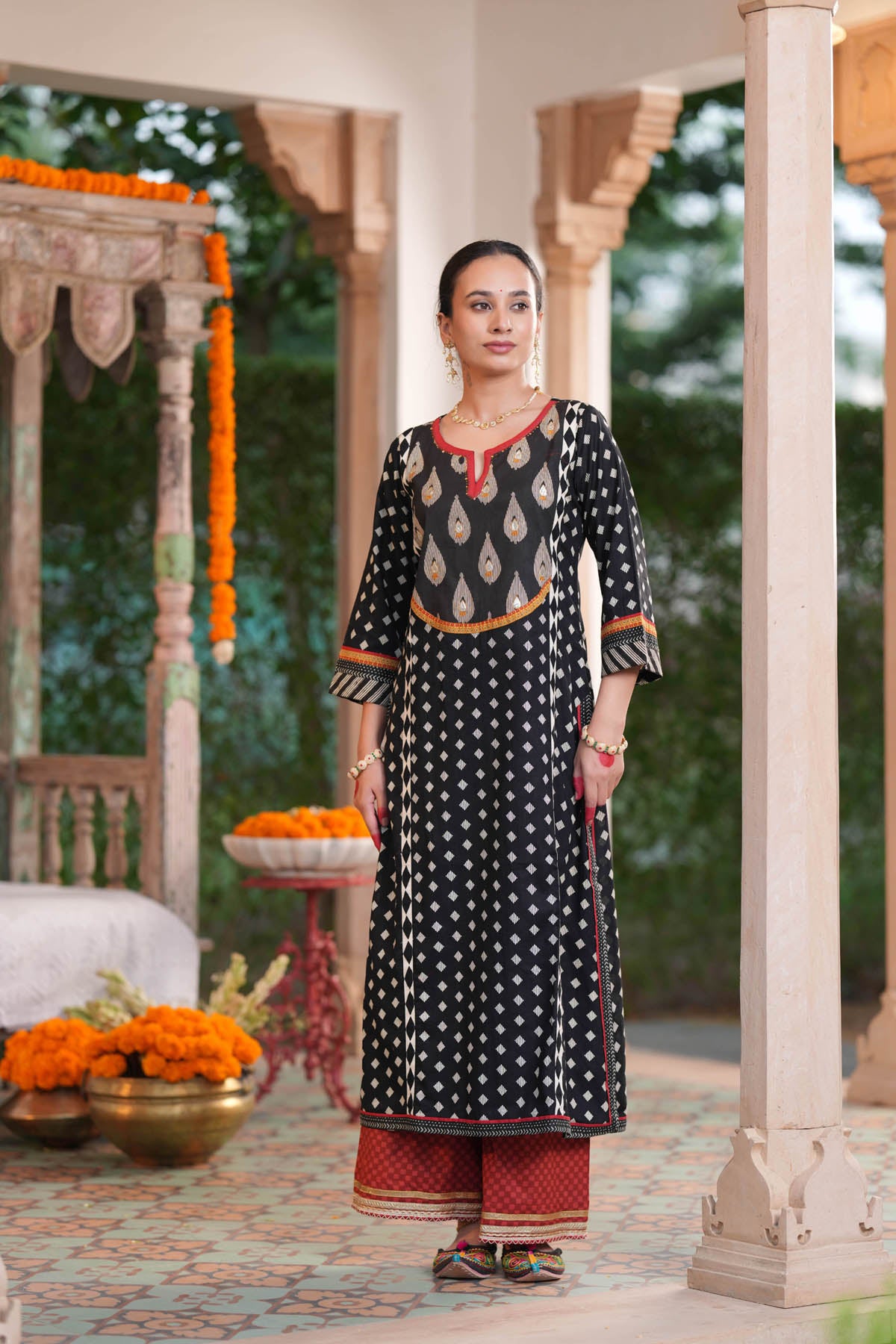 Black Printed Cotton A-Line Kurta