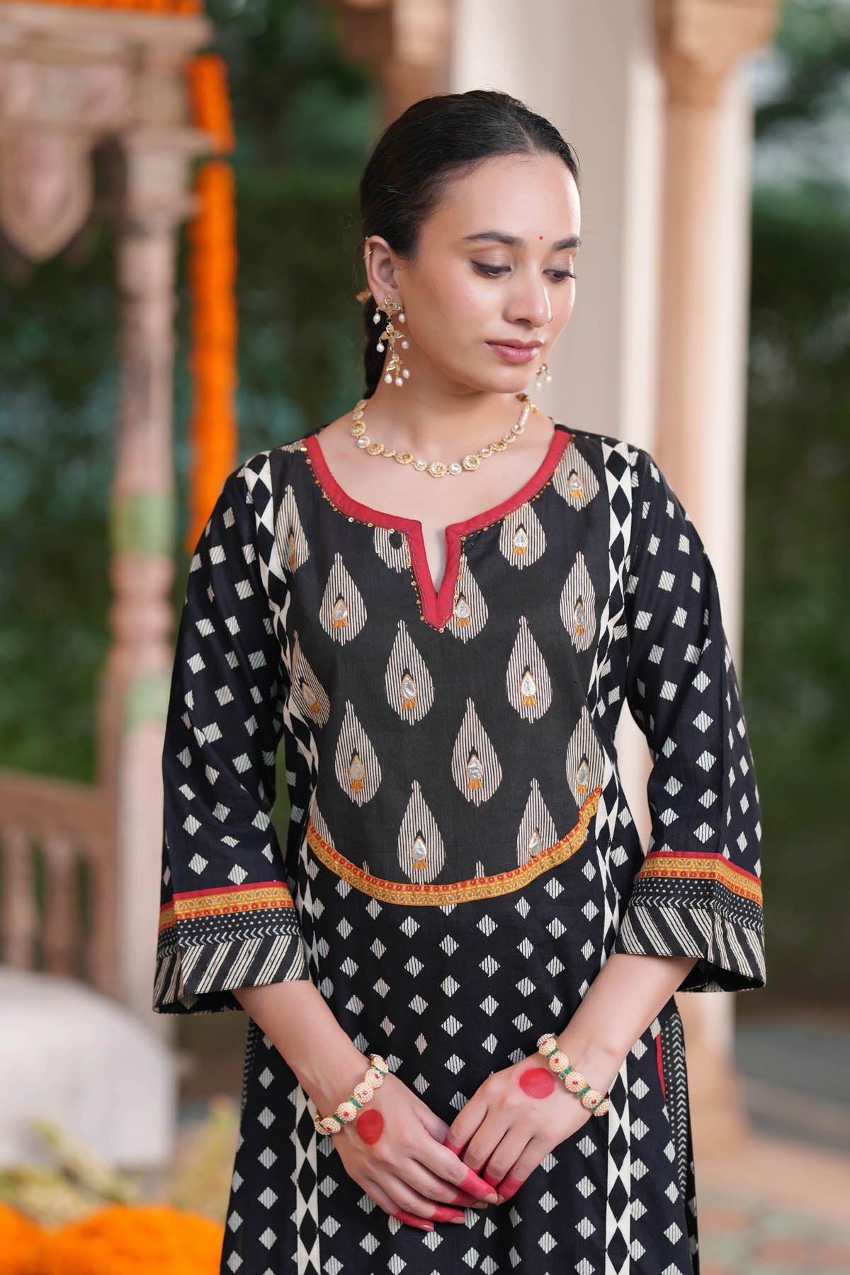 Black Printed Cotton A-Line Kurta