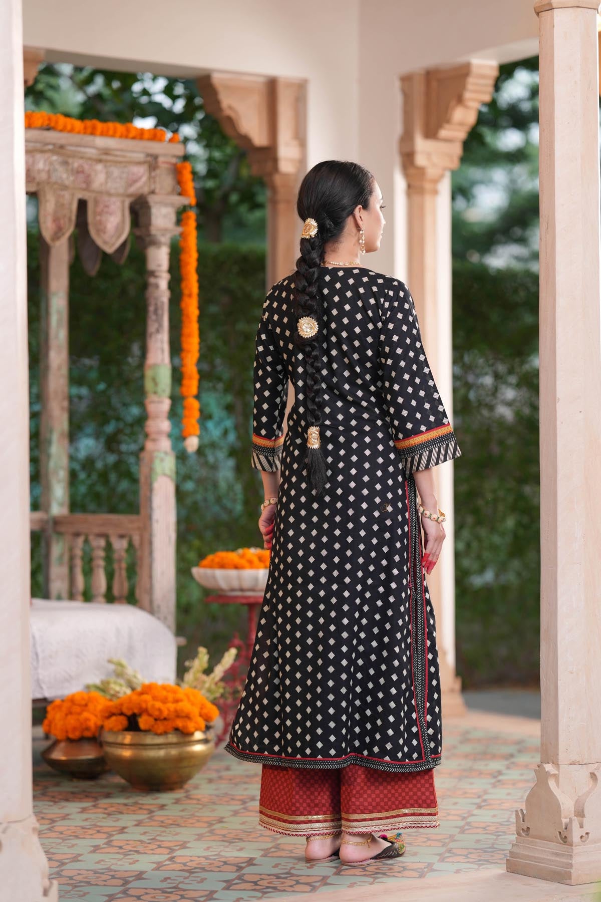 Black Printed Cotton A-Line Kurta