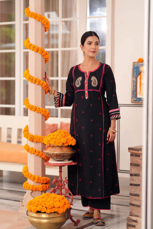 Black Handloom Cotton A-Line Kurta
