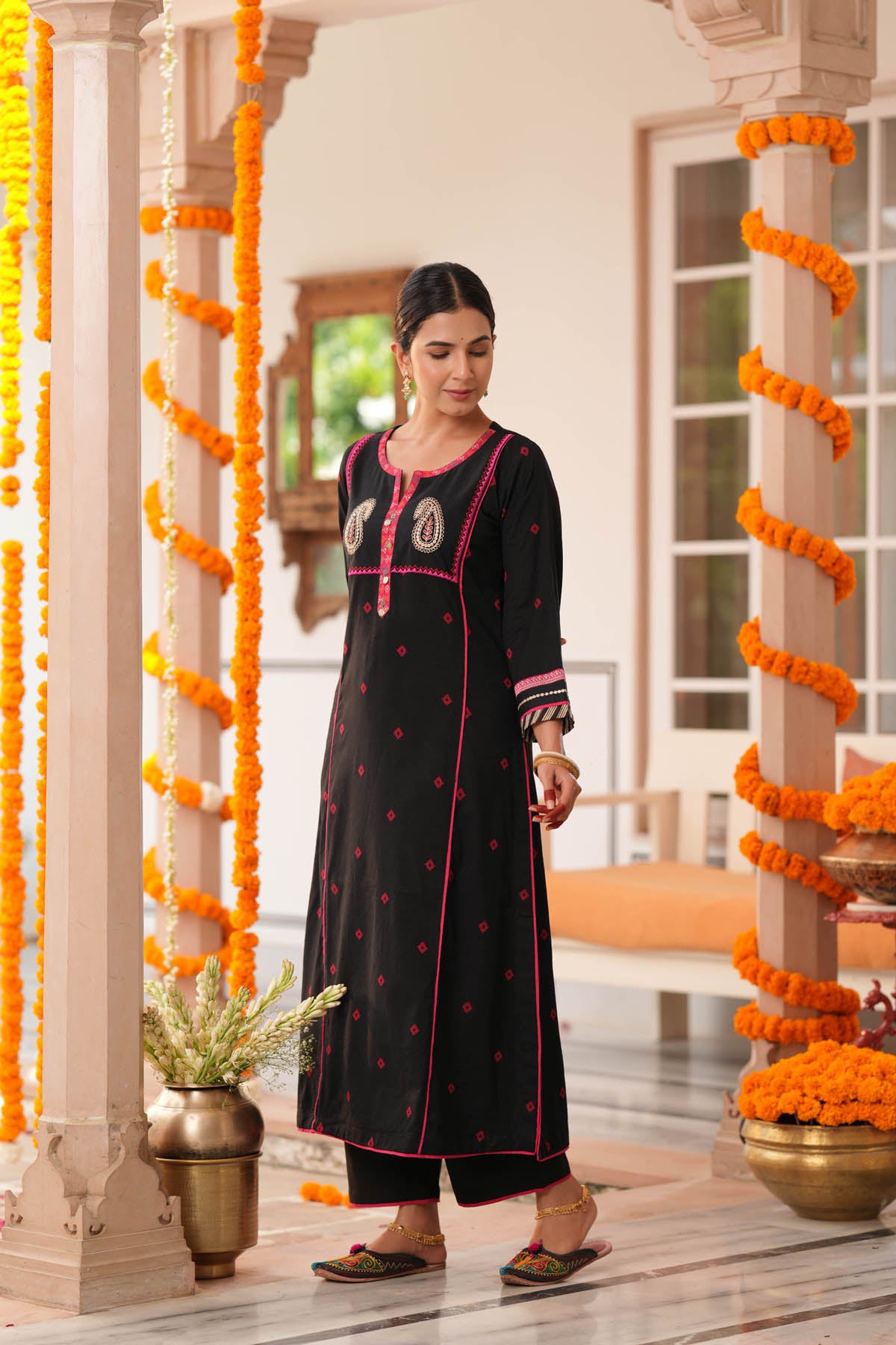 Black Handloom Cotton A-Line Kurta