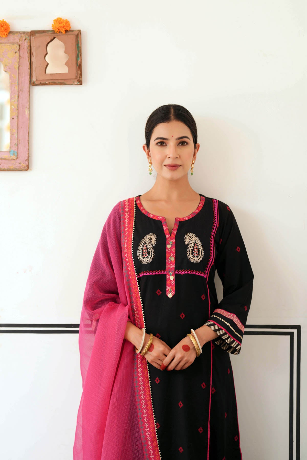 Black Handloom Cotton A-Line Kurta