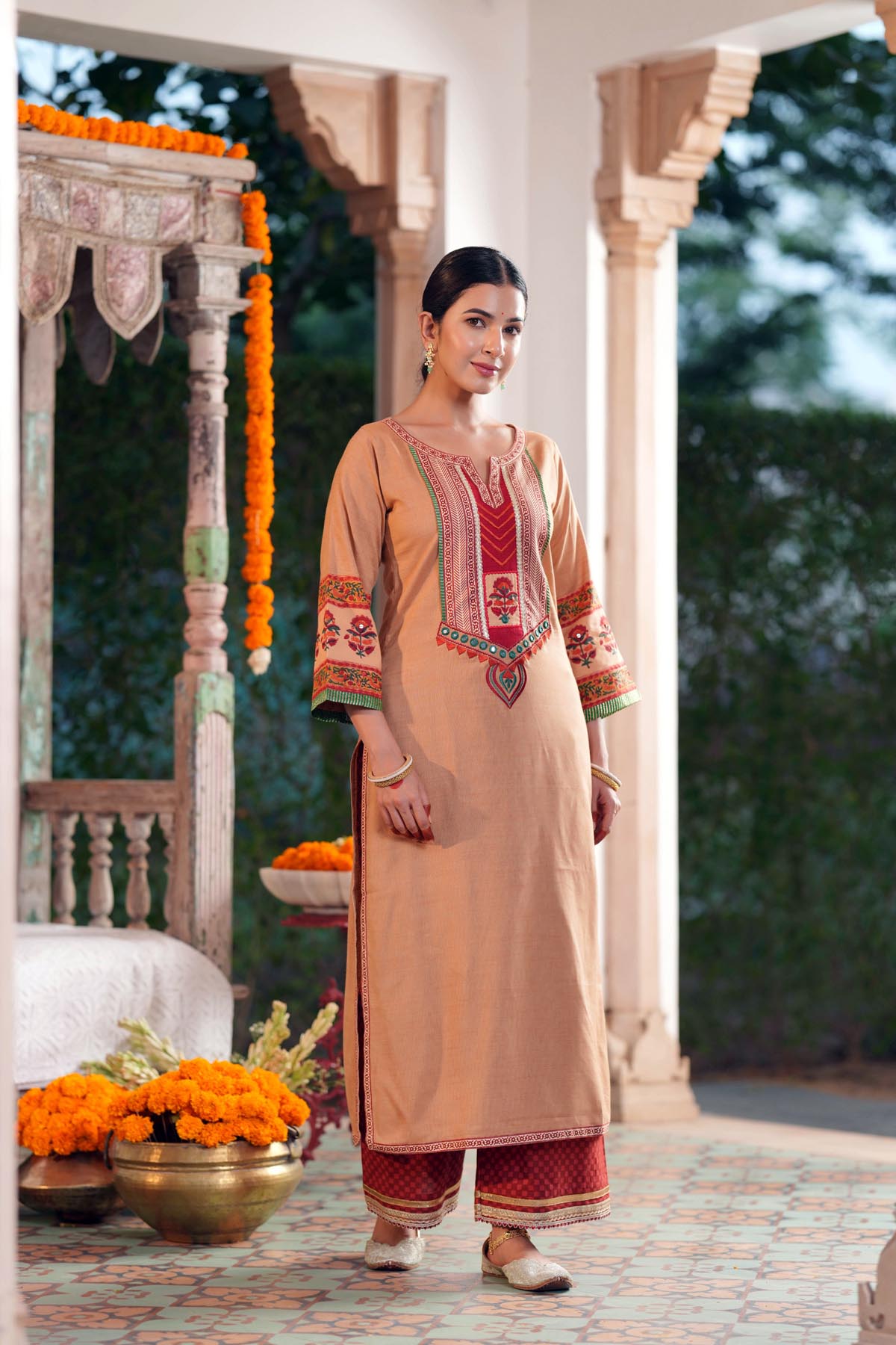 Tan Handloom Cotton A-Line Kurta