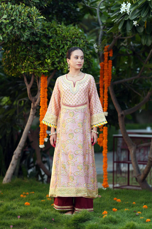 Peach Chanderi Handblock Printed A-Line Kurta