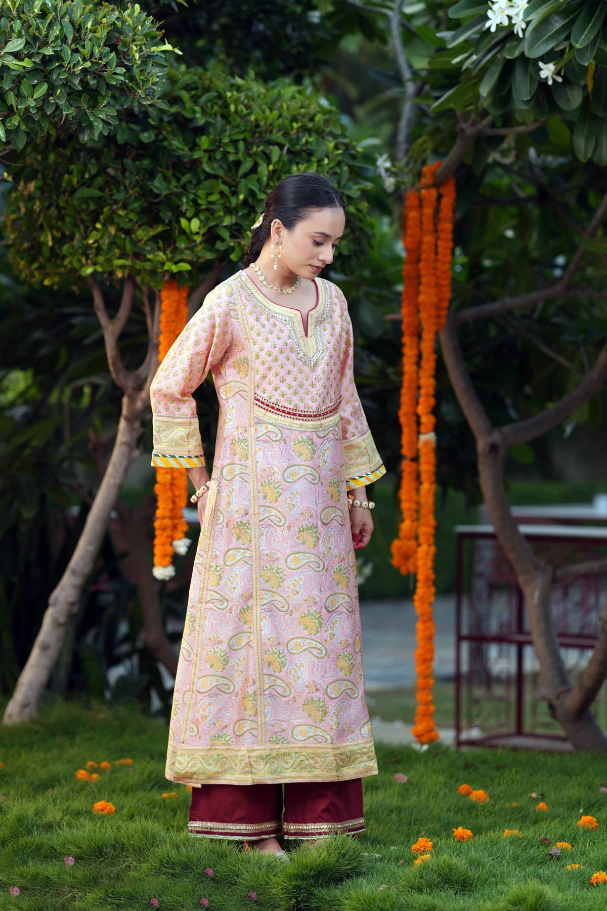 Peach Chanderi Handblock Printed A-Line Kurta