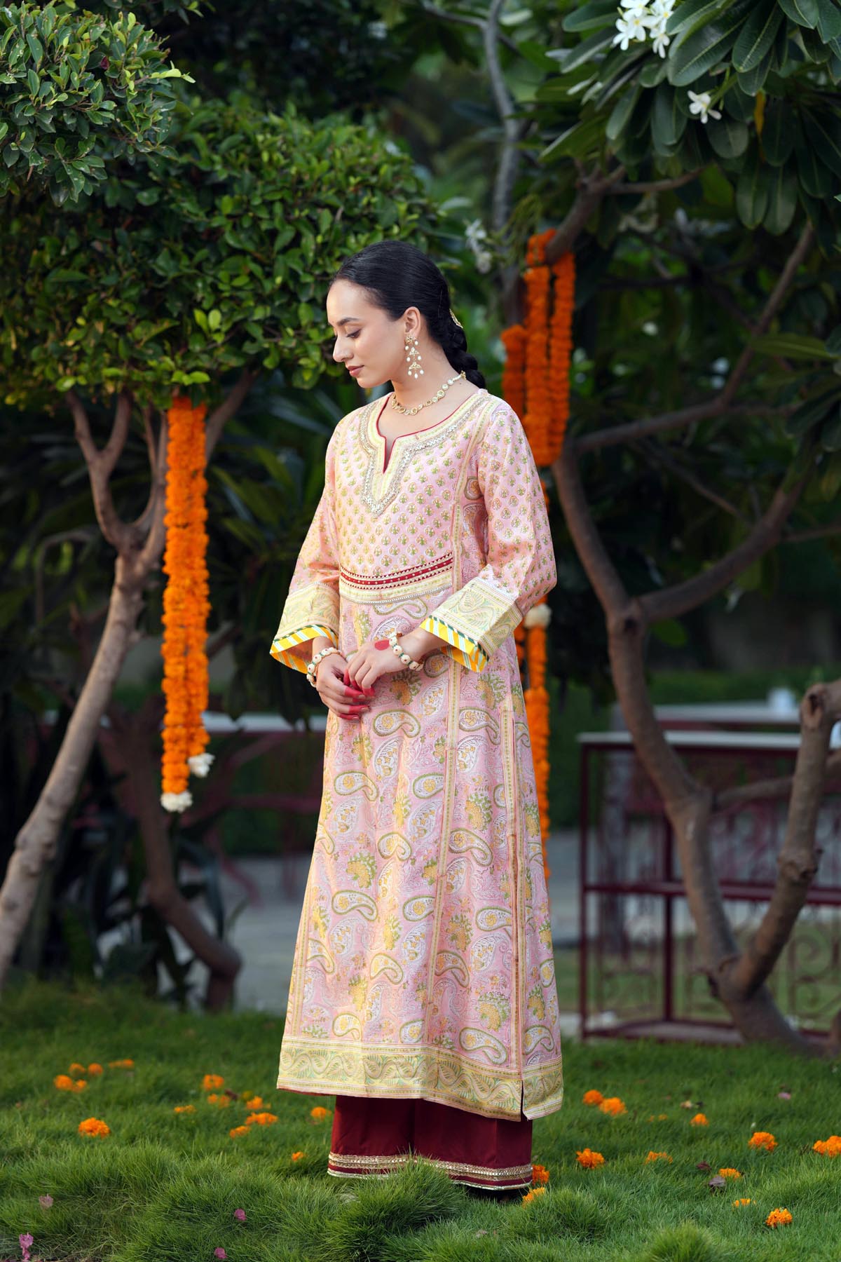 Peach Chanderi Handblock Printed A-Line Kurta