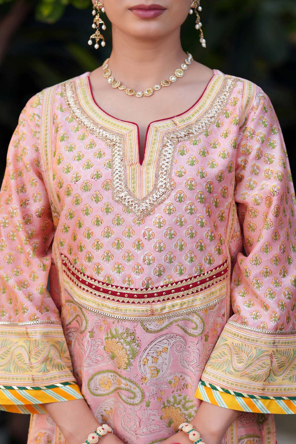 Peach Chanderi Handblock Printed A-Line Kurta