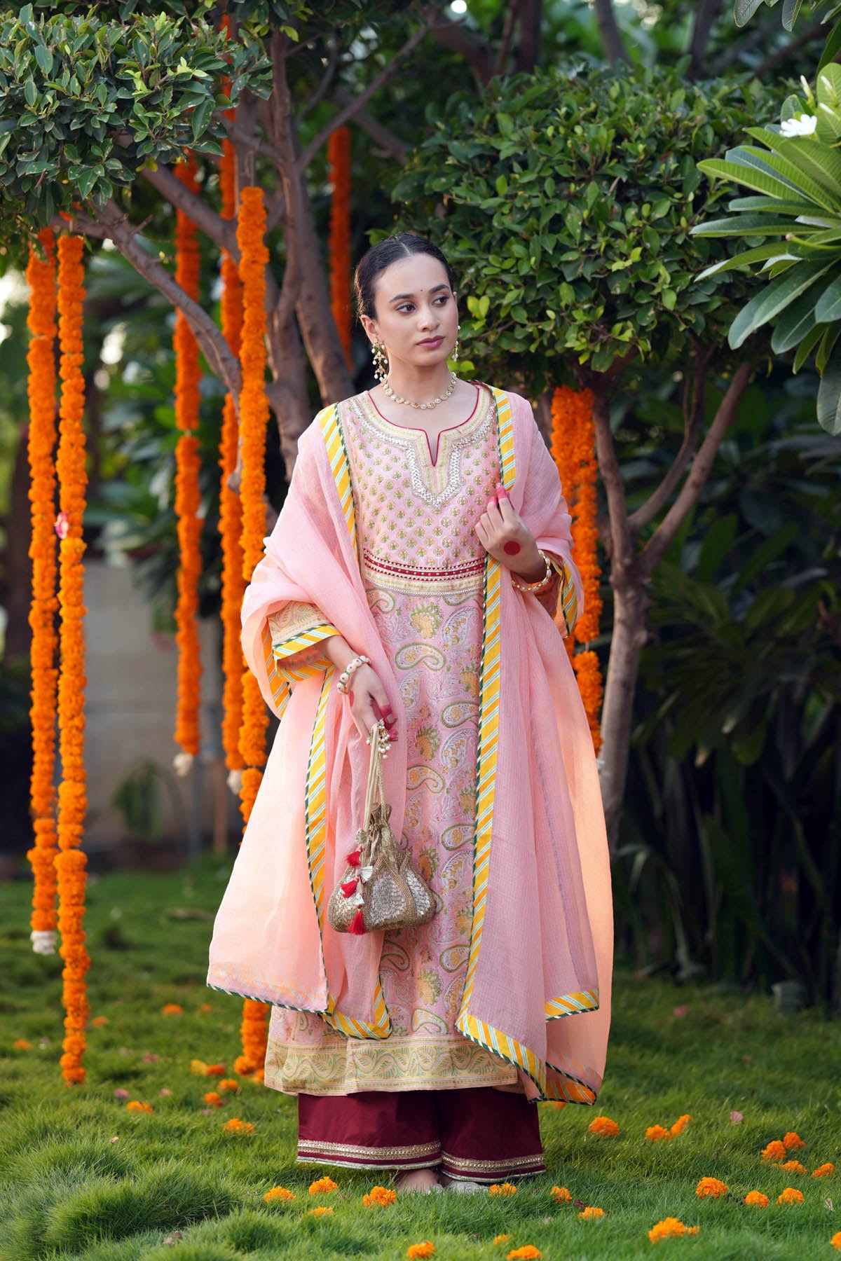 Peach Chanderi Handblock Printed A-Line Kurta