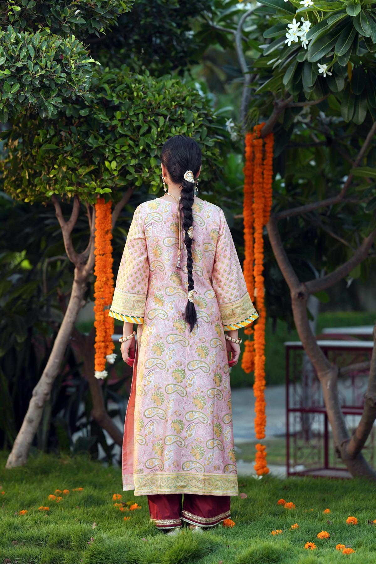Peach Chanderi Handblock Printed A-Line Kurta