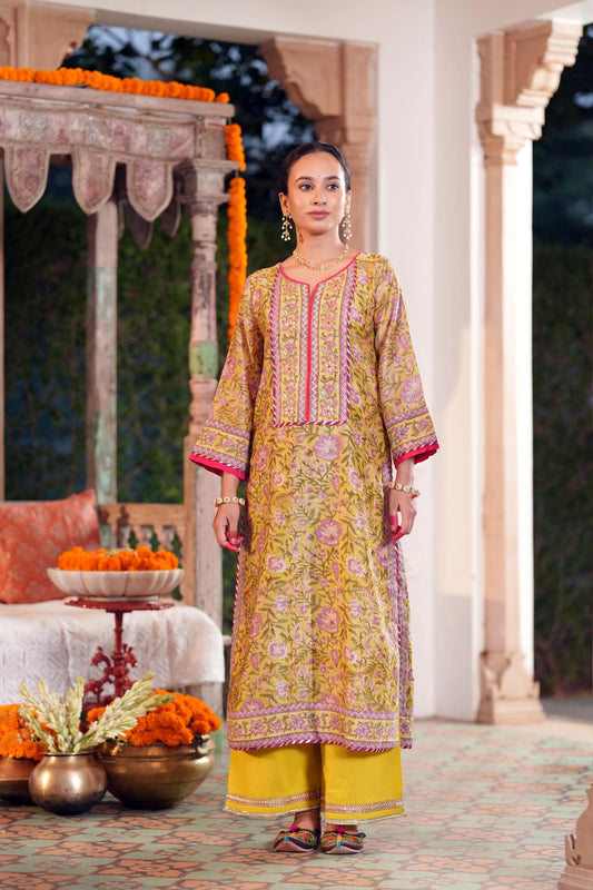 Pistachio Green Handblock Chanderi Straight Fit Kurta