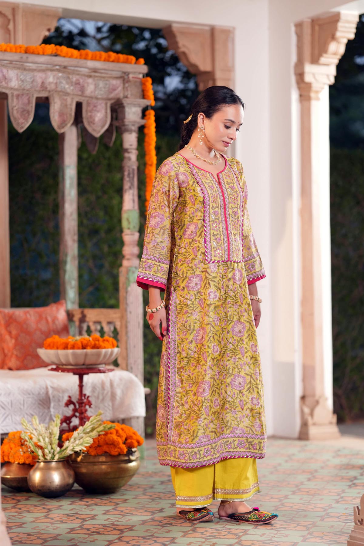 Pistachio Green Handblock Chanderi Straight Fit Kurta
