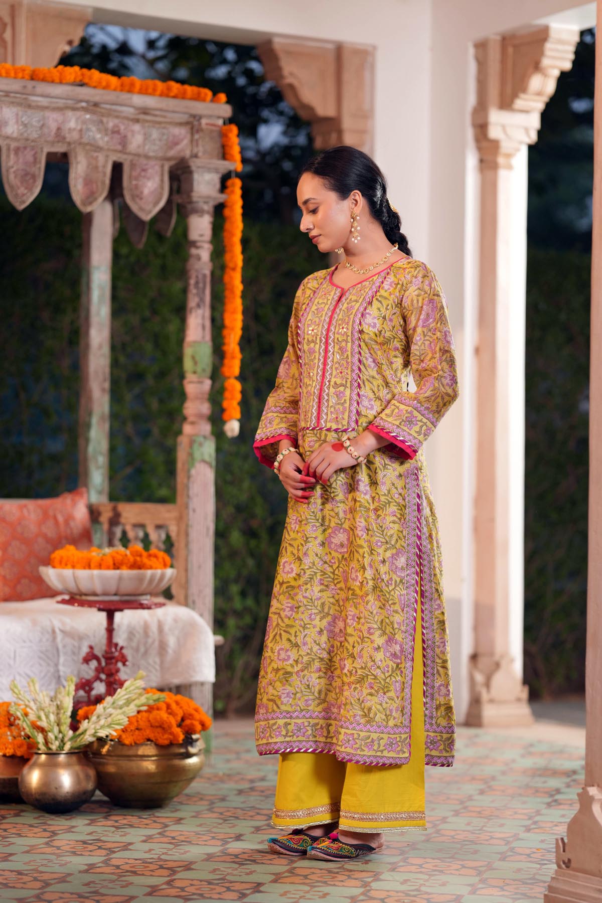 Pistachio Green Handblock Chanderi Straight Fit Kurta