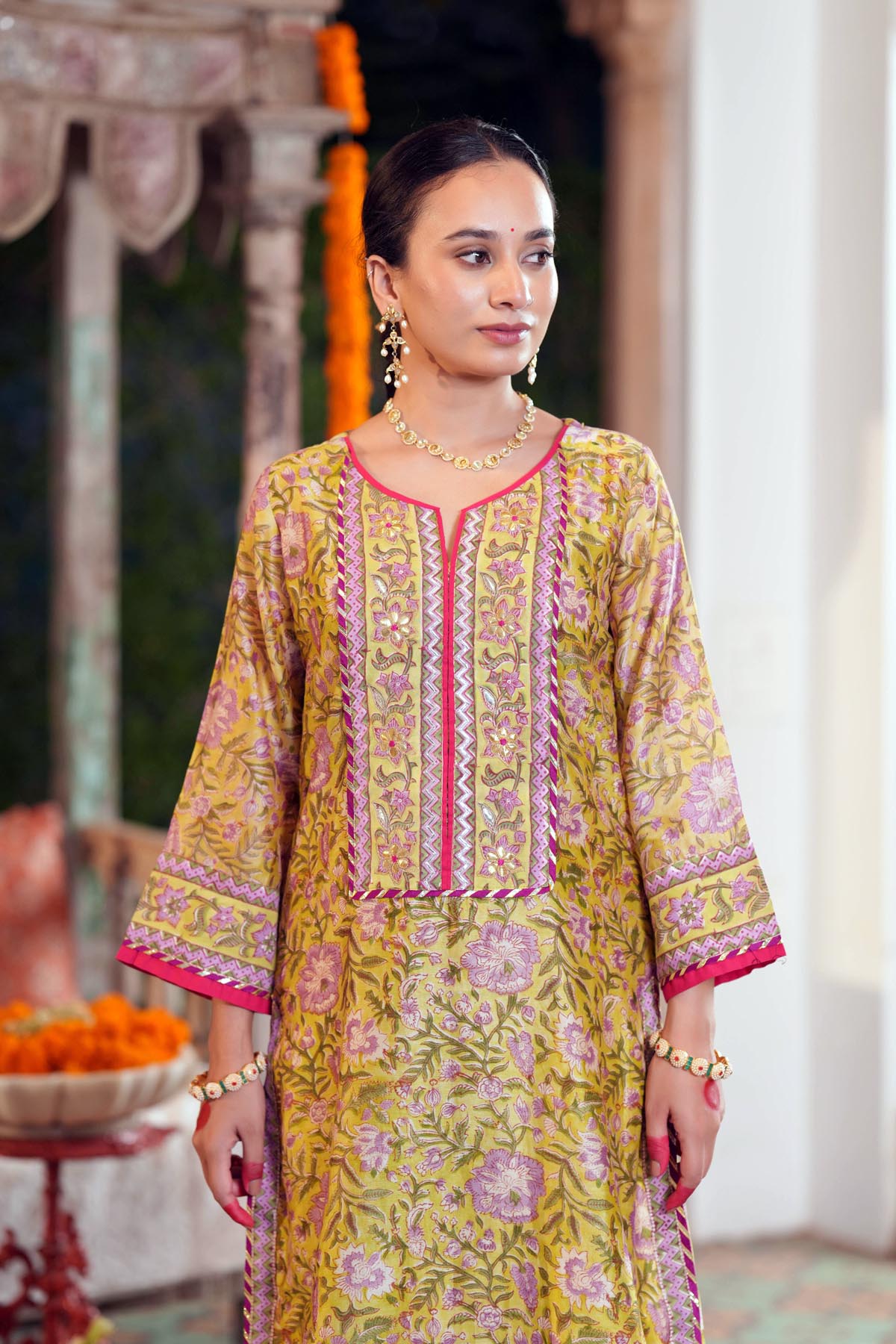Pistachio Green Handblock Chanderi Straight Fit Kurta