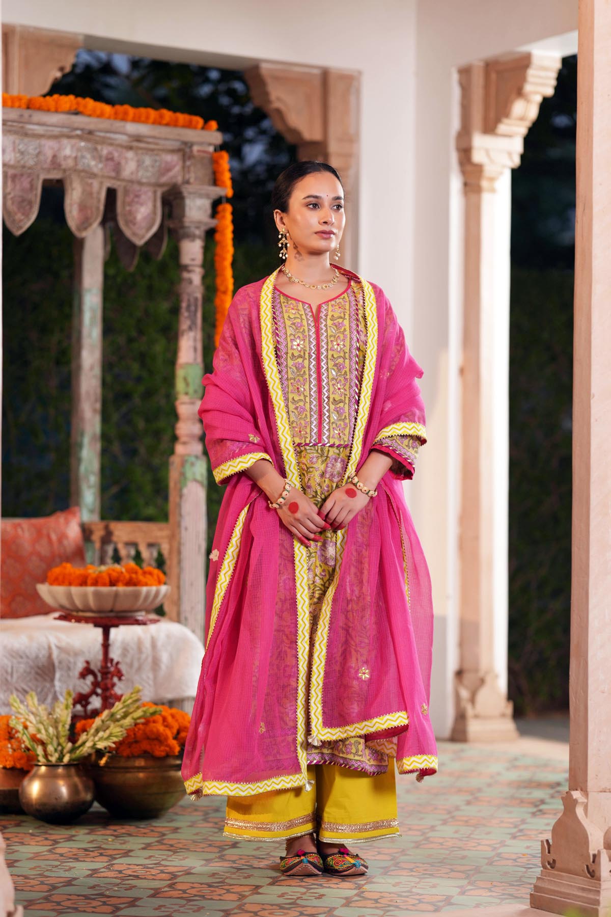Pistachio Green Handblock Chanderi Straight Fit Kurta