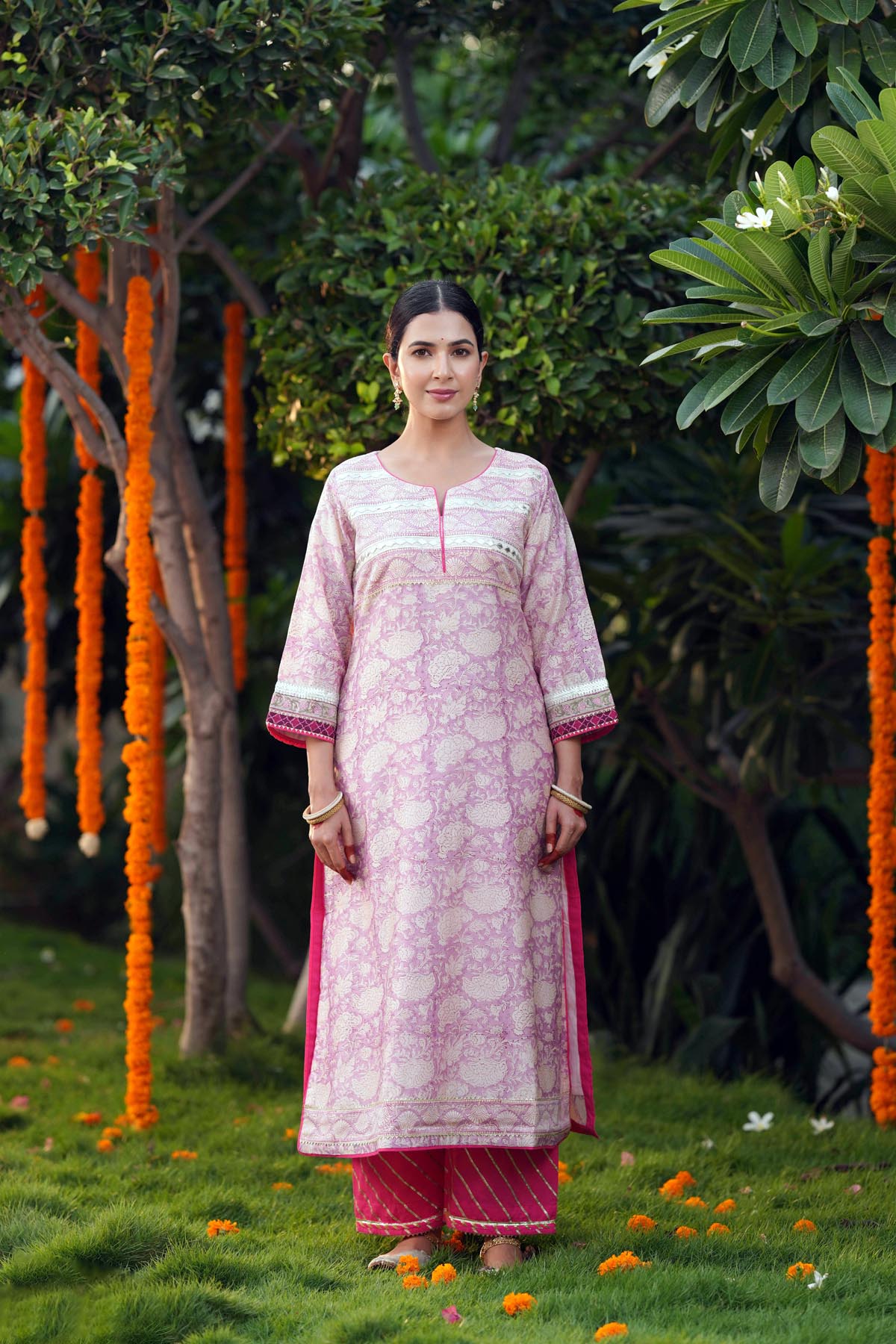 Lilac Handblock Chanderi Straight Fit Kurta