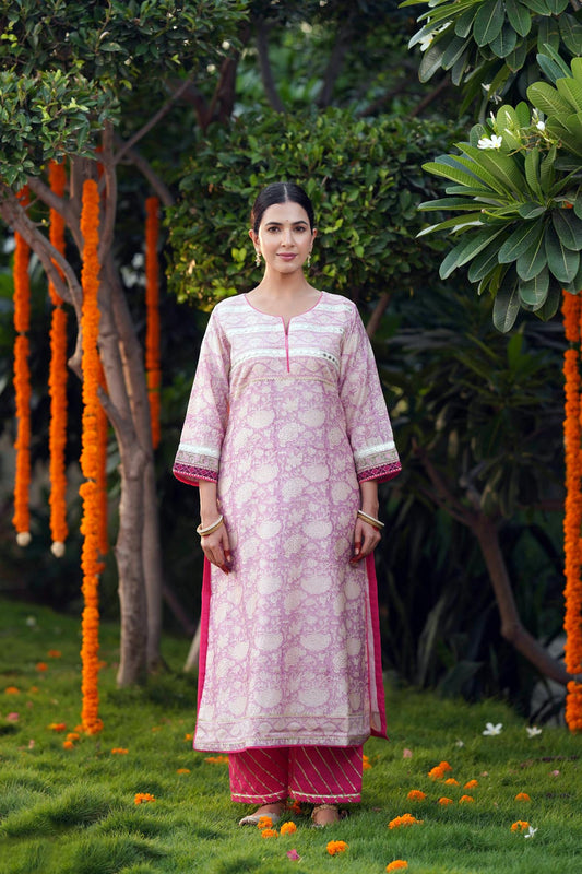 Lilac Handblock Chanderi Straight Fit Kurta