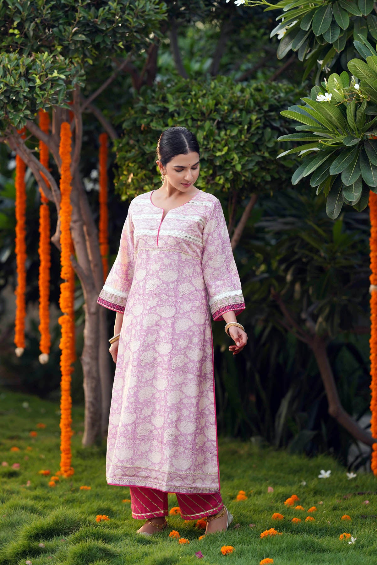 Lilac Handblock Chanderi Straight Fit Kurta