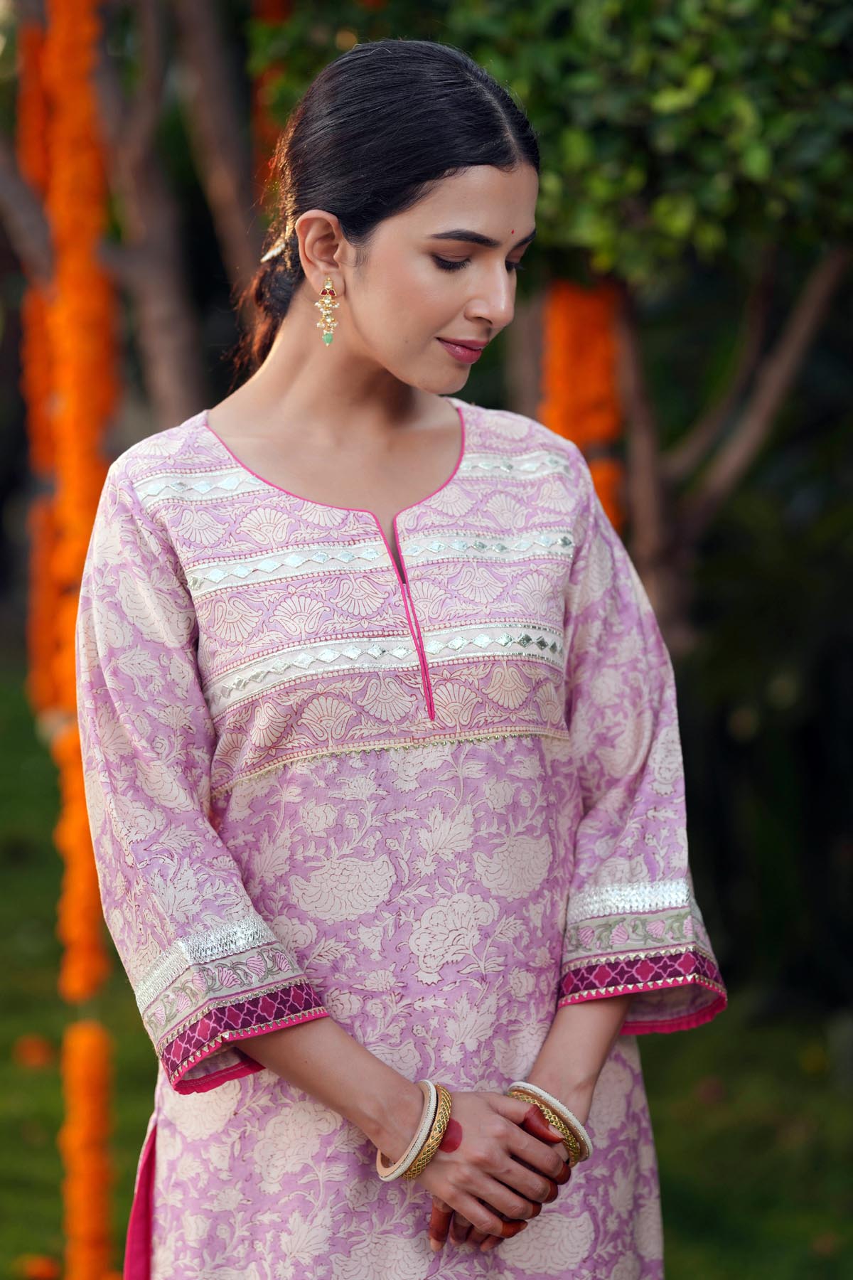 Lilac Handblock Chanderi Straight Fit Kurta