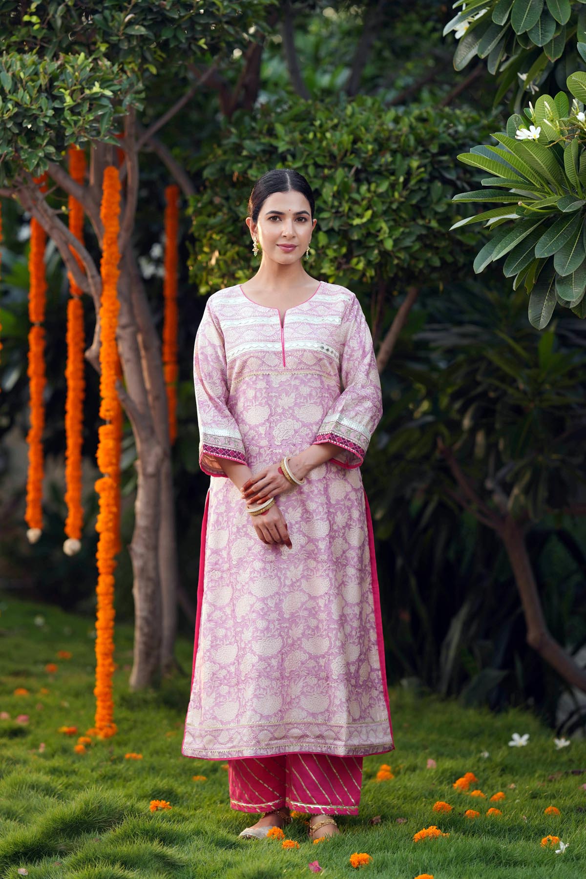 Lilac Handblock Chanderi Straight Fit Kurta