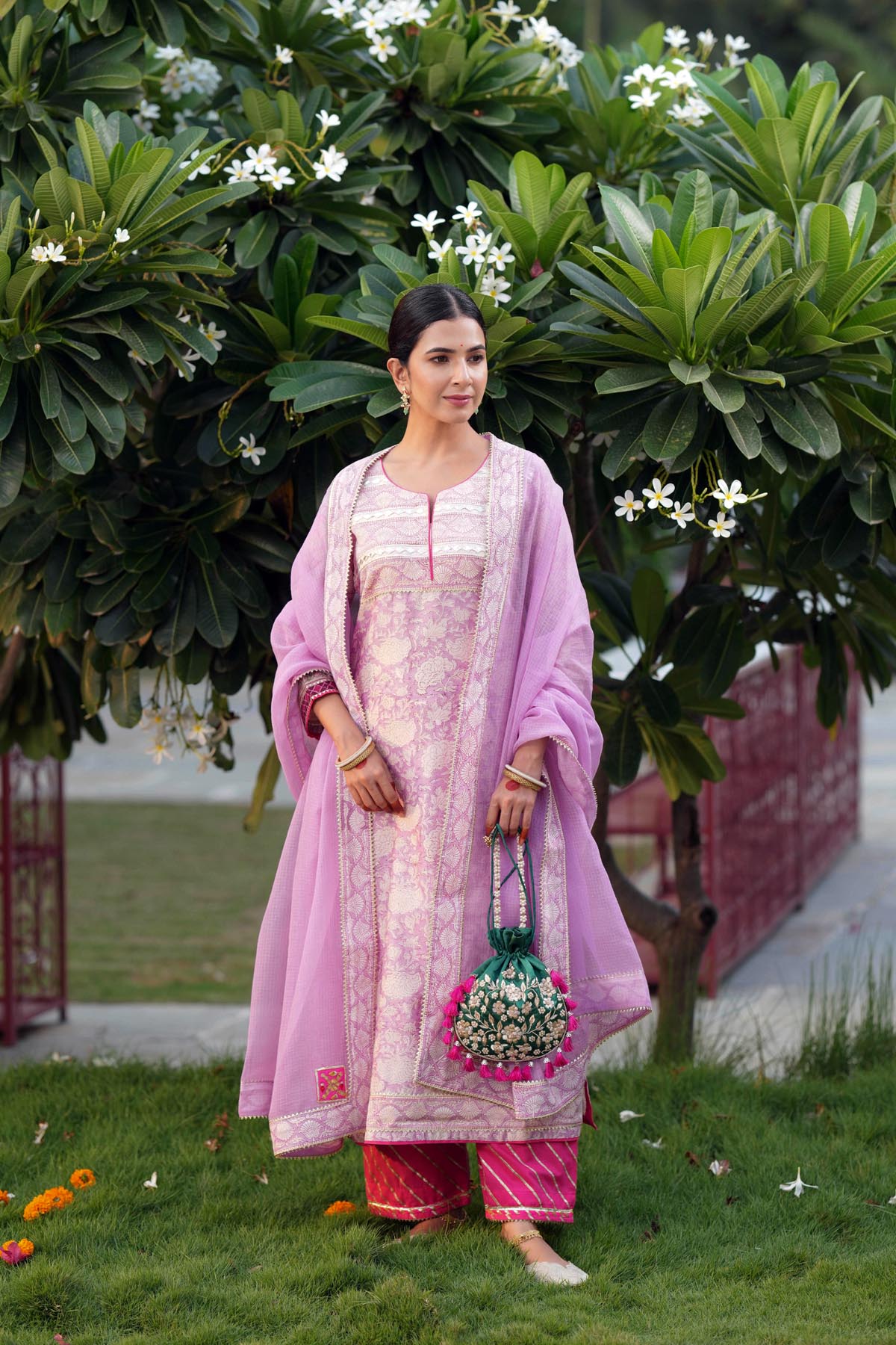 Lilac Handblock Chanderi Straight Fit Kurta