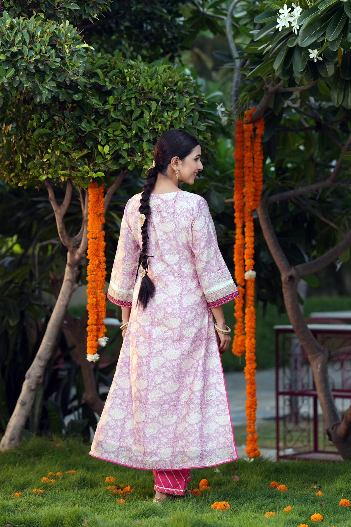 Lilac Handblock Chanderi Straight Fit Kurta