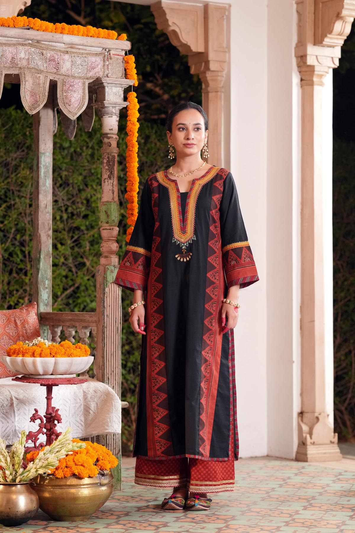 Black Handloom Cotton Printed Kurta