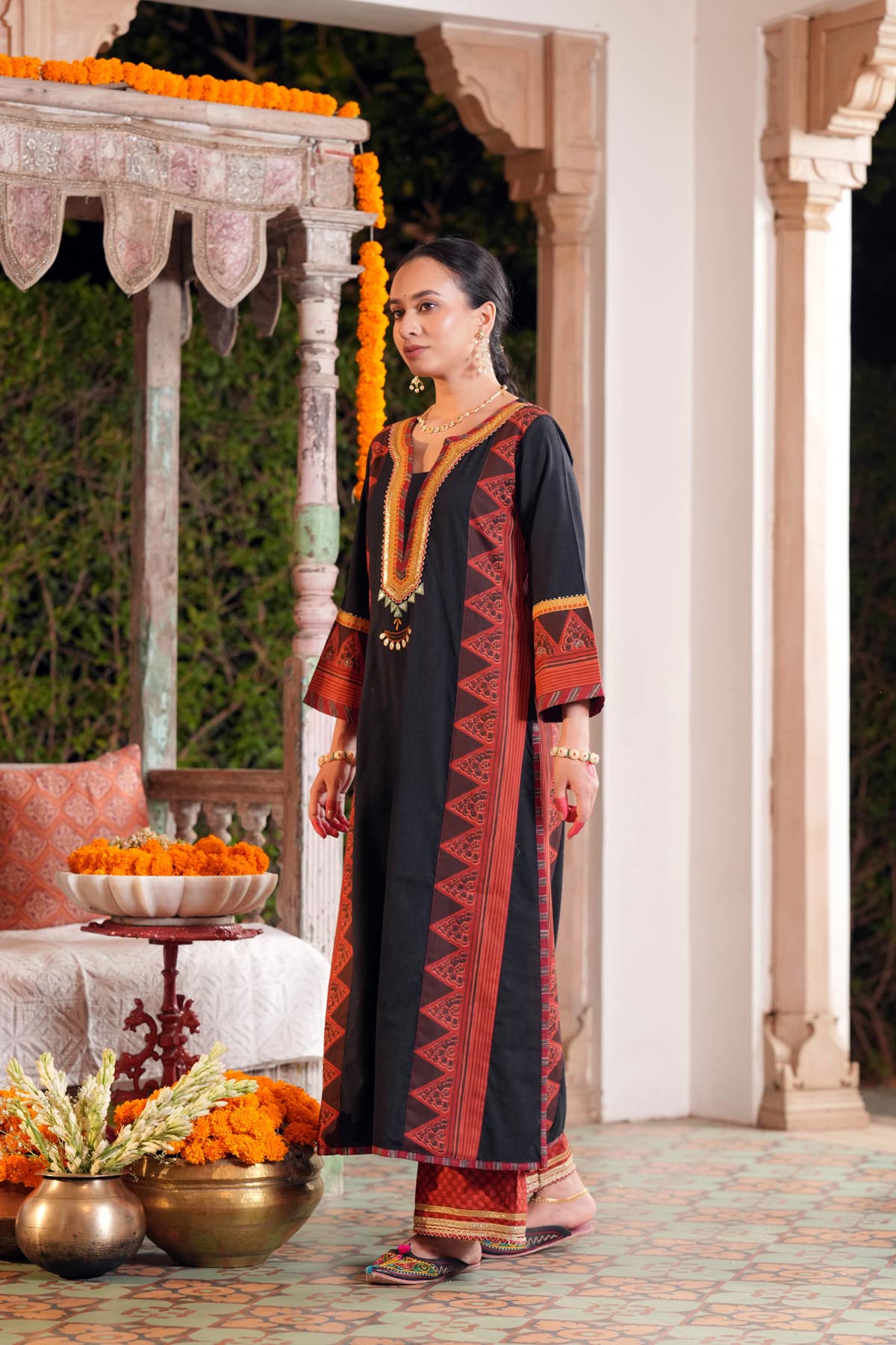 Black Handloom Cotton Printed Kurta