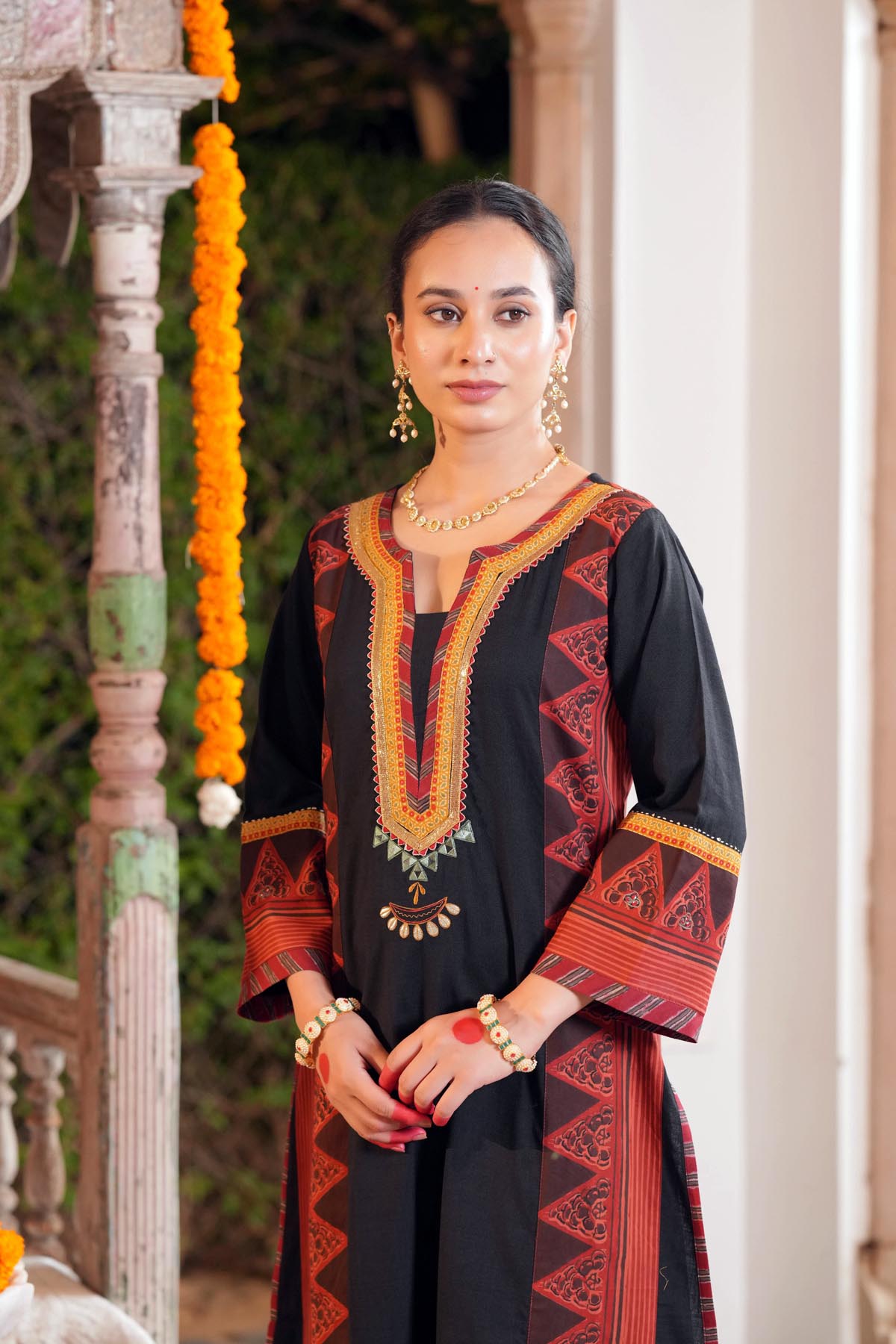 Black Handloom Cotton Printed Kurta