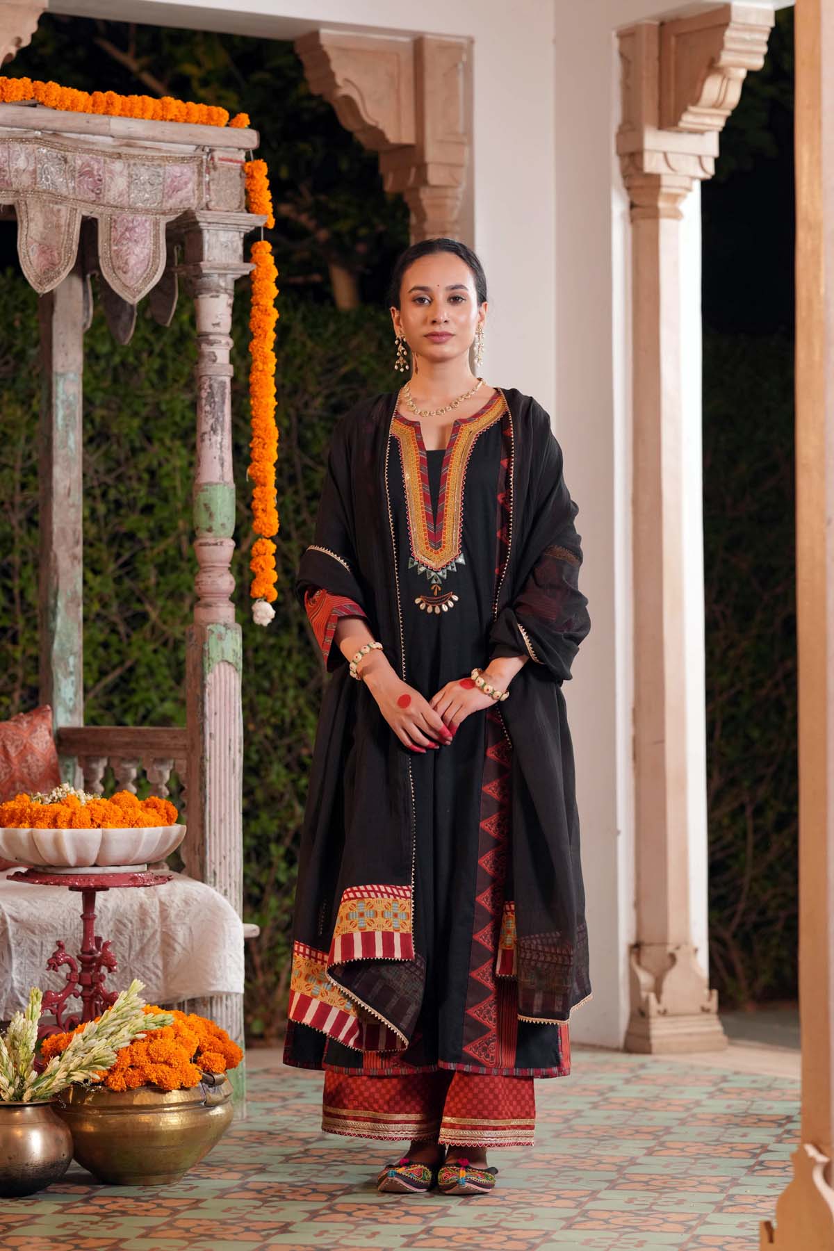 Black Handloom Cotton Printed Kurta