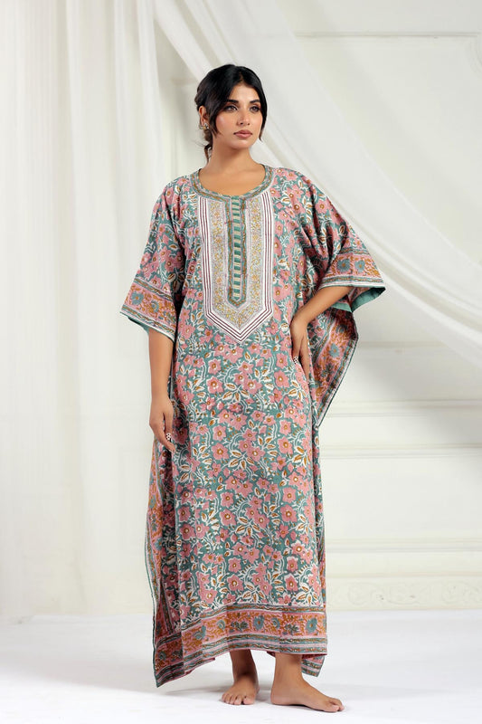 Sage Handblock Floral Kaftan