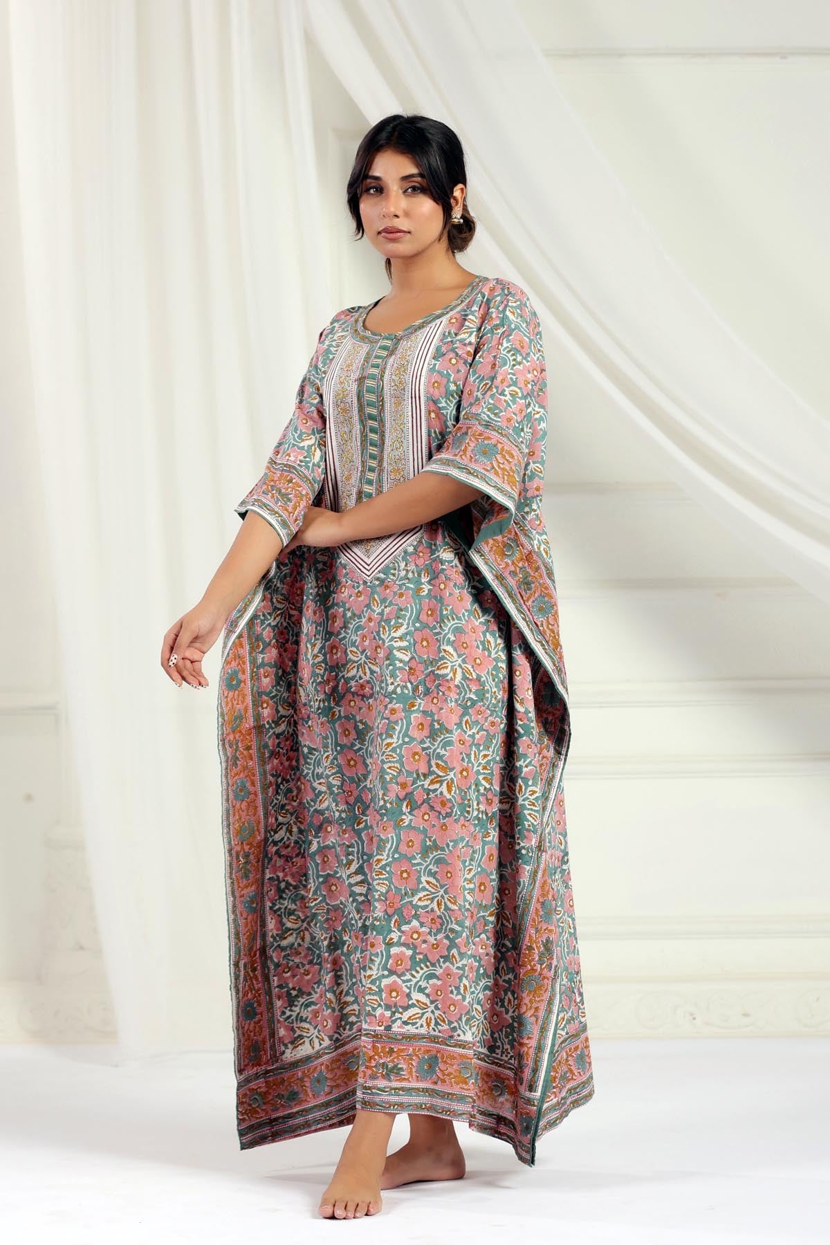 Sage Handblock Floral Kaftan