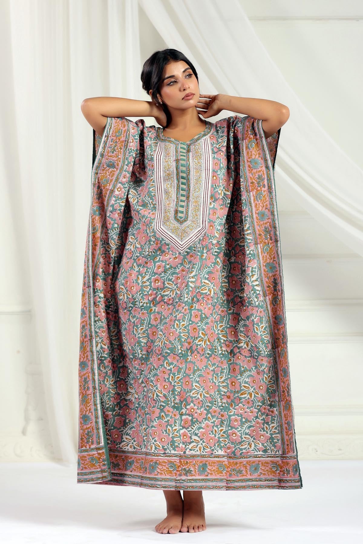Sage Handblock Floral Kaftan