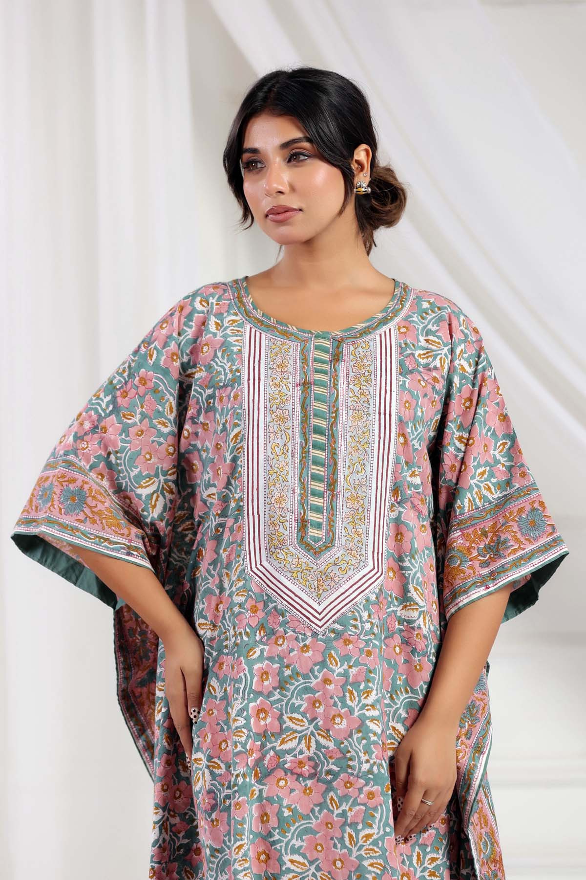 Sage Handblock Floral Kaftan