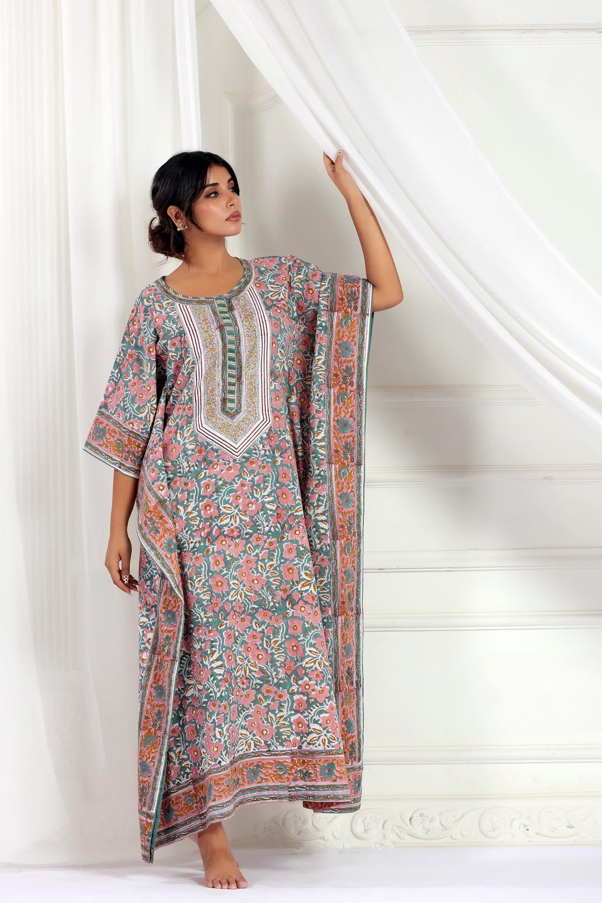 Sage Handblock Floral Kaftan