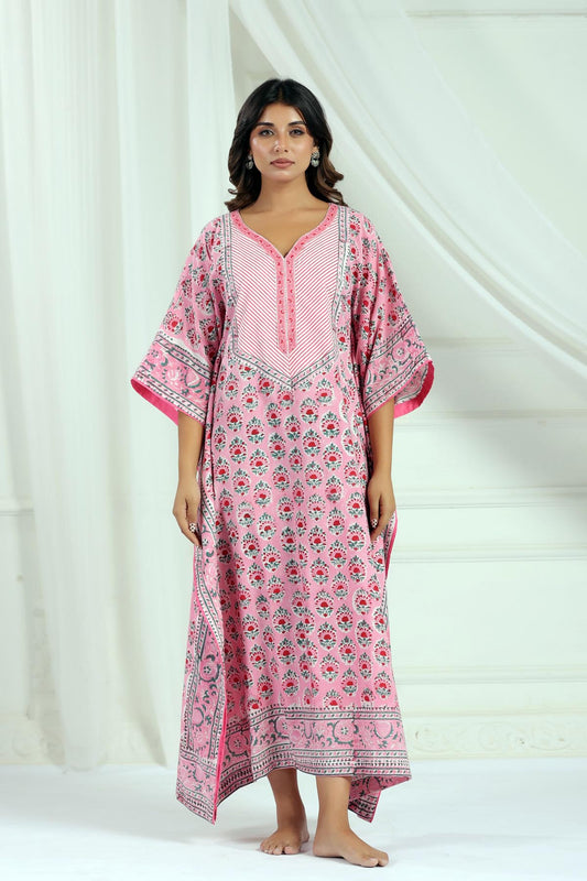 Pink Handblock Buti Kaftan