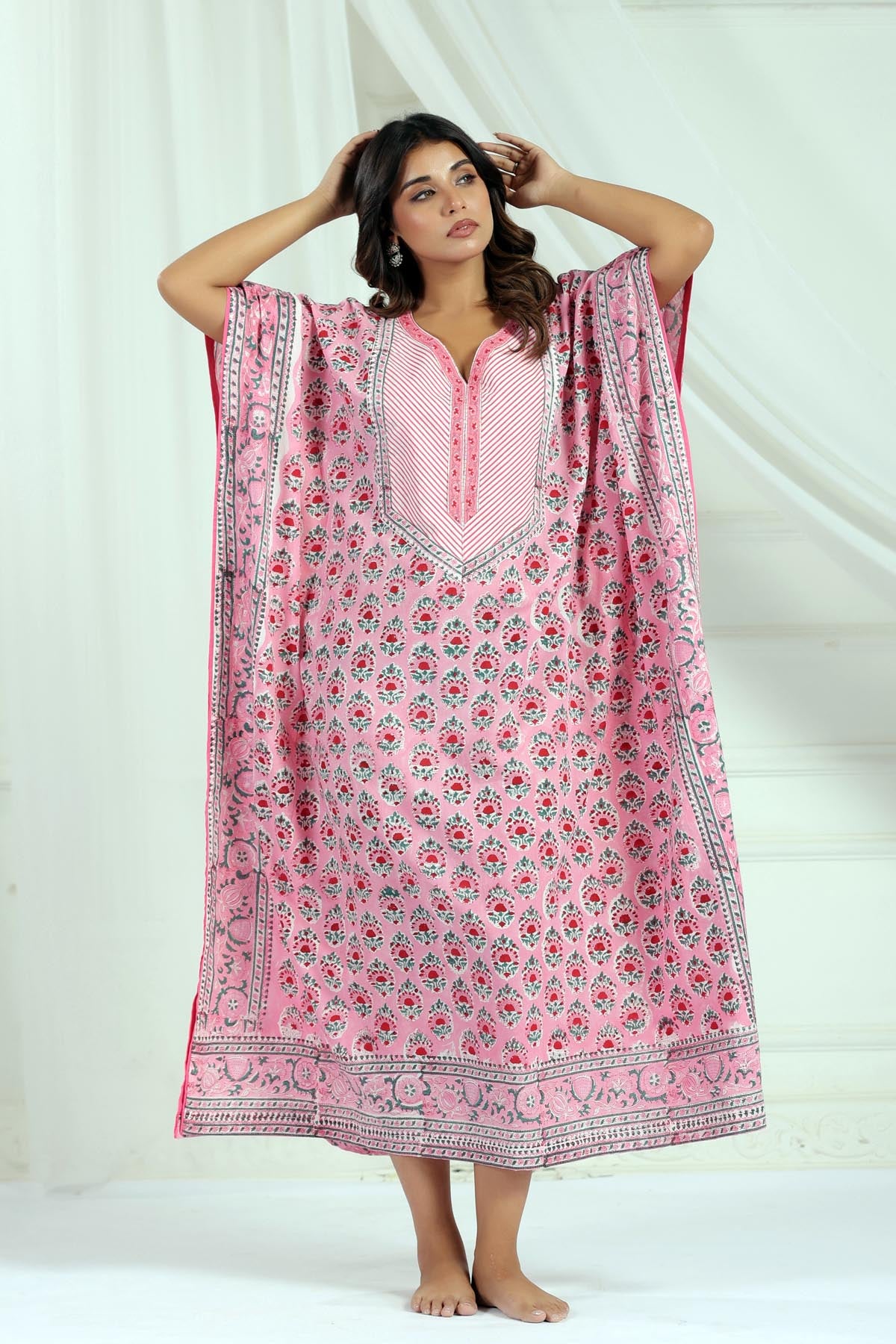 Pink Handblock Buti Kaftan