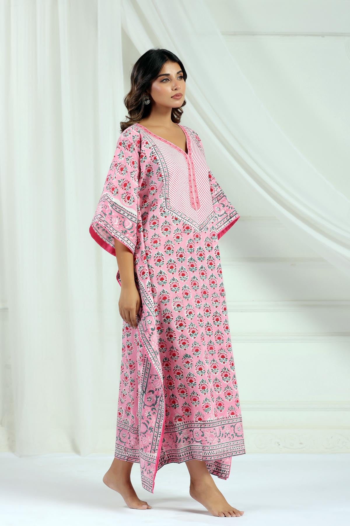 Pink Handblock Buti Kaftan