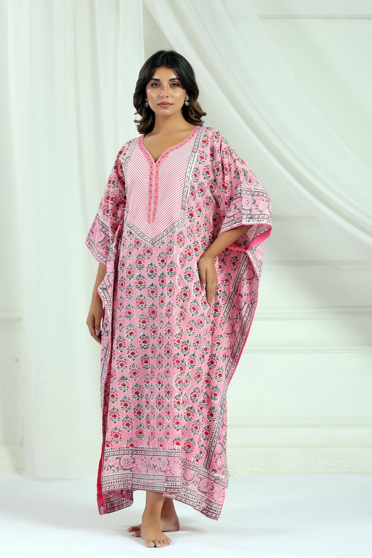 Pink Handblock Buti Kaftan