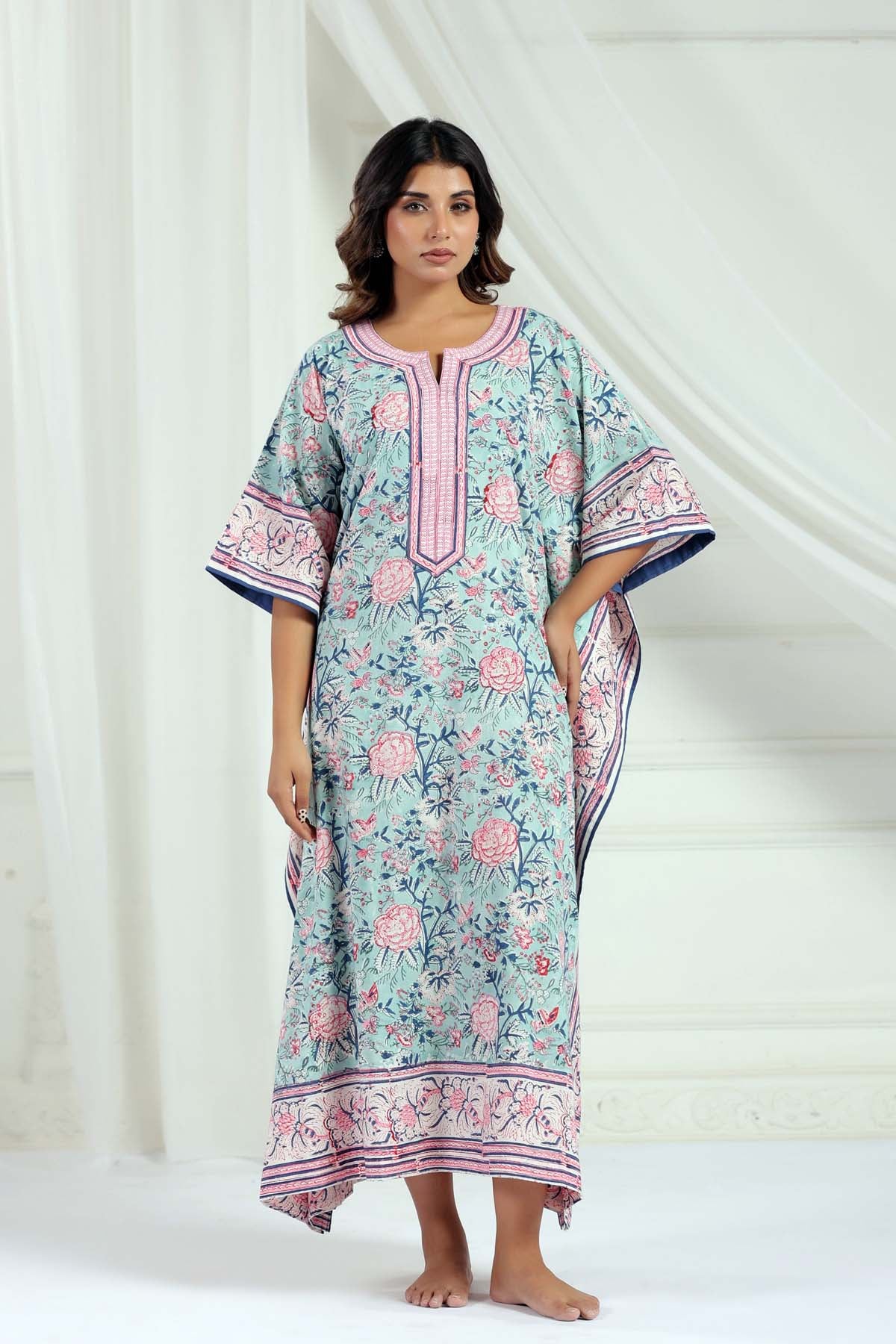 Mint Handblock Floral Kaftan