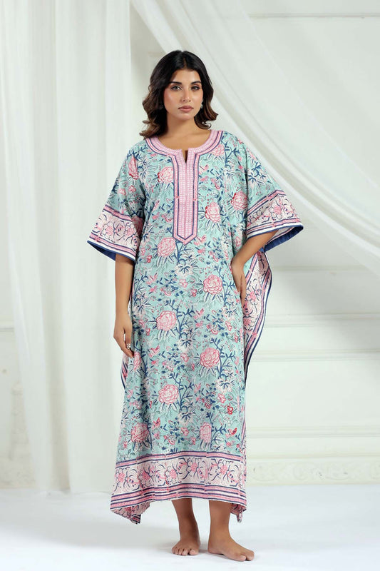 Mint Handblock Floral Kaftan