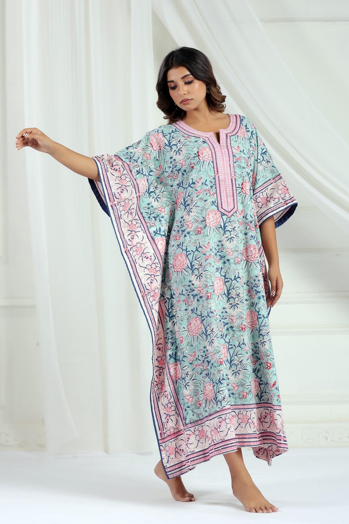 Mint Handblock Floral Kaftan