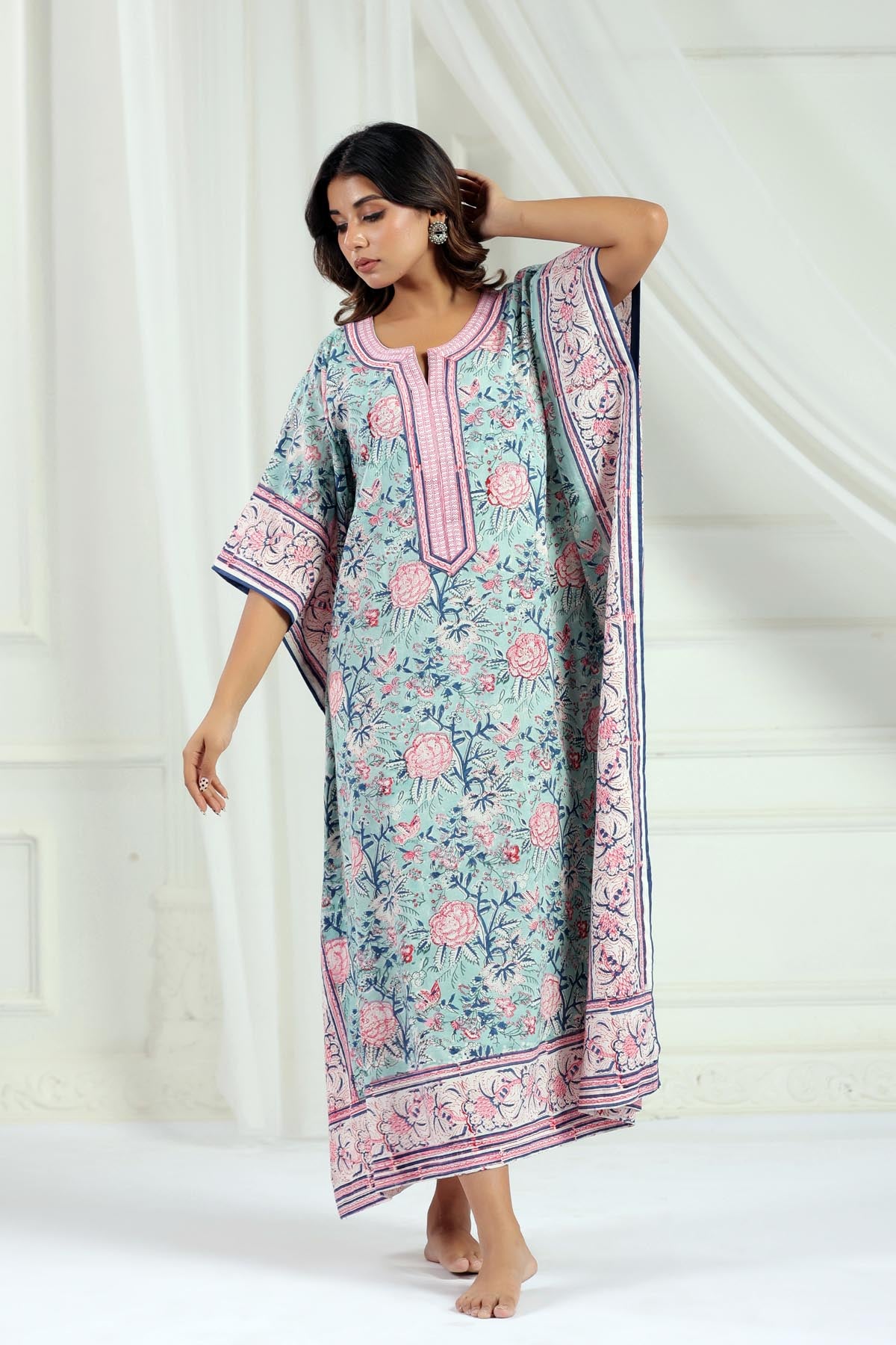 Mint Handblock Floral Kaftan