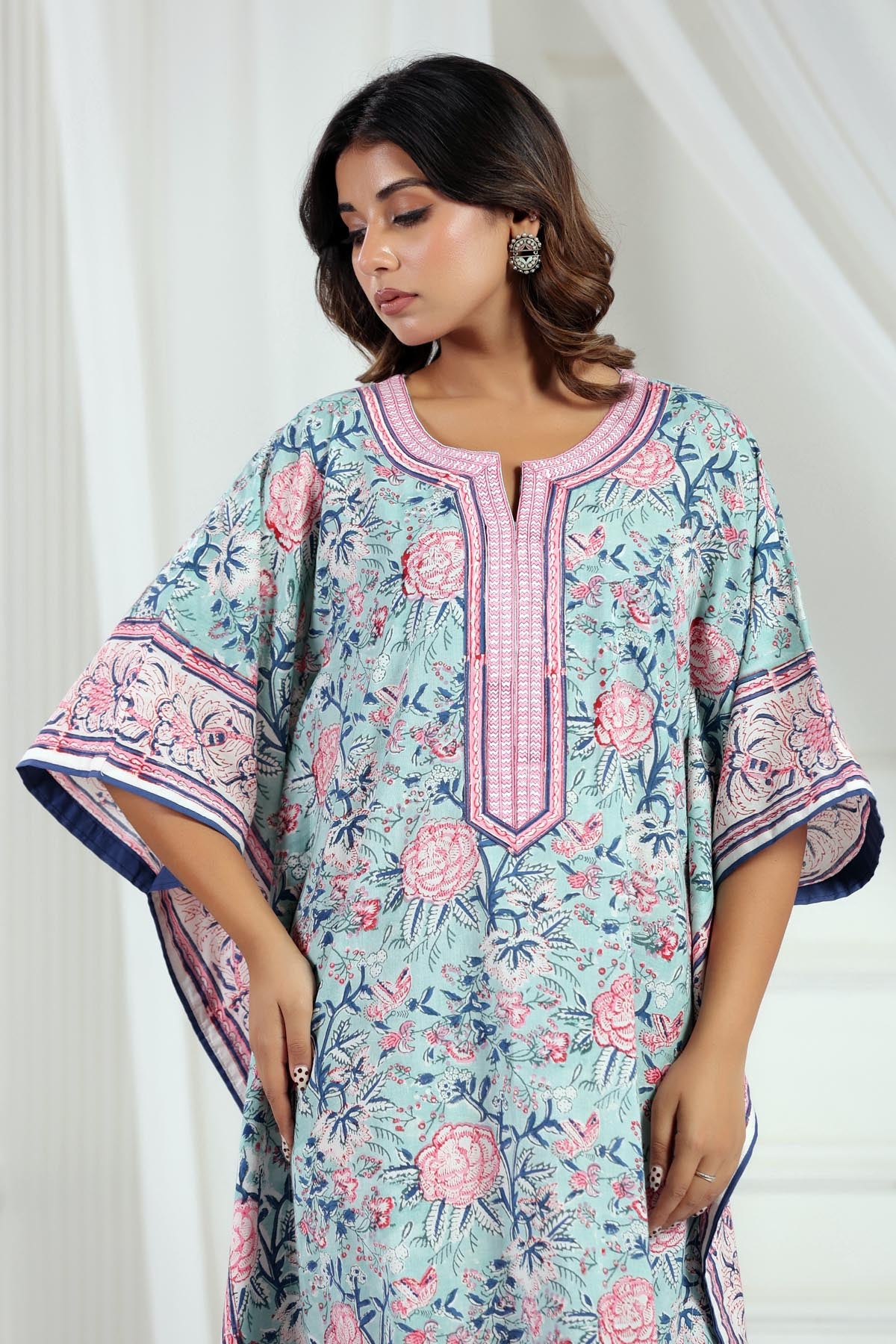 Mint Handblock Floral Kaftan