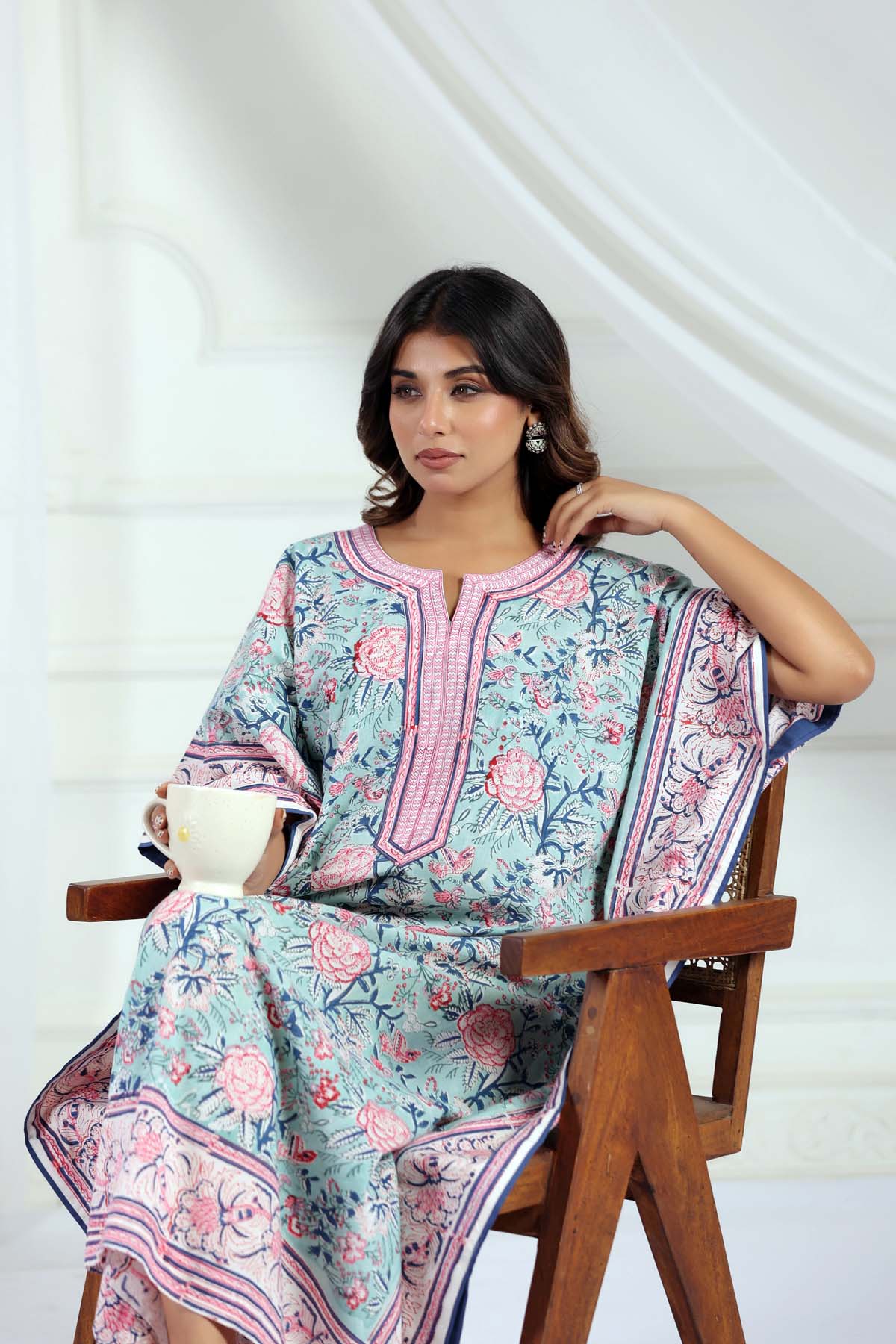 Mint Handblock Floral Kaftan