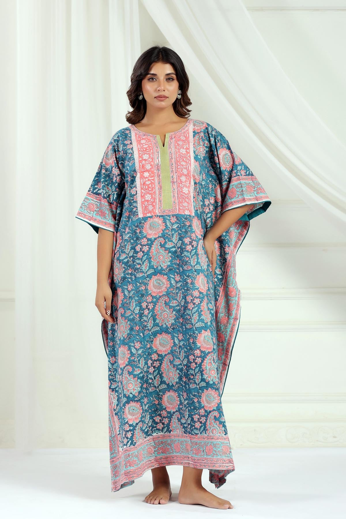 Blue Handblock Floral Kaftan